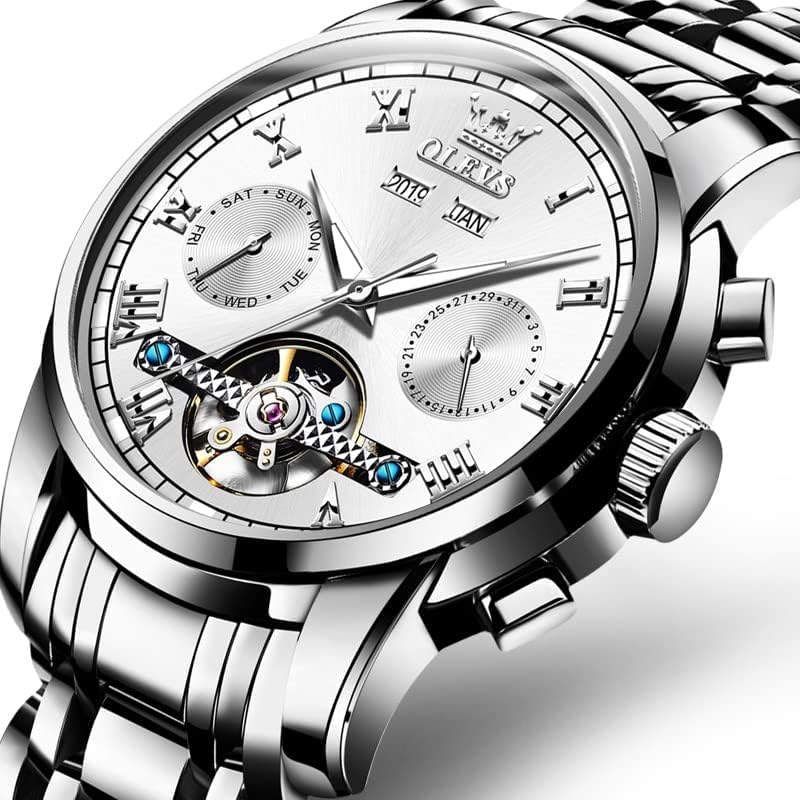 Miniatura 9 de OLEVS Reloj automático para hombre, cuerda automática, mecánica, de lujo, de acero inoxidable, multicalendario, impermeable, luminoso, reloj de