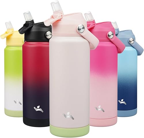 Miniatura 8 de Botella de agua aislada con tapa con pajilla, botella de metal al vacío de acero inoxidable de 12 onzas con mango de silicona, rosa ROSA ROSA,Flor