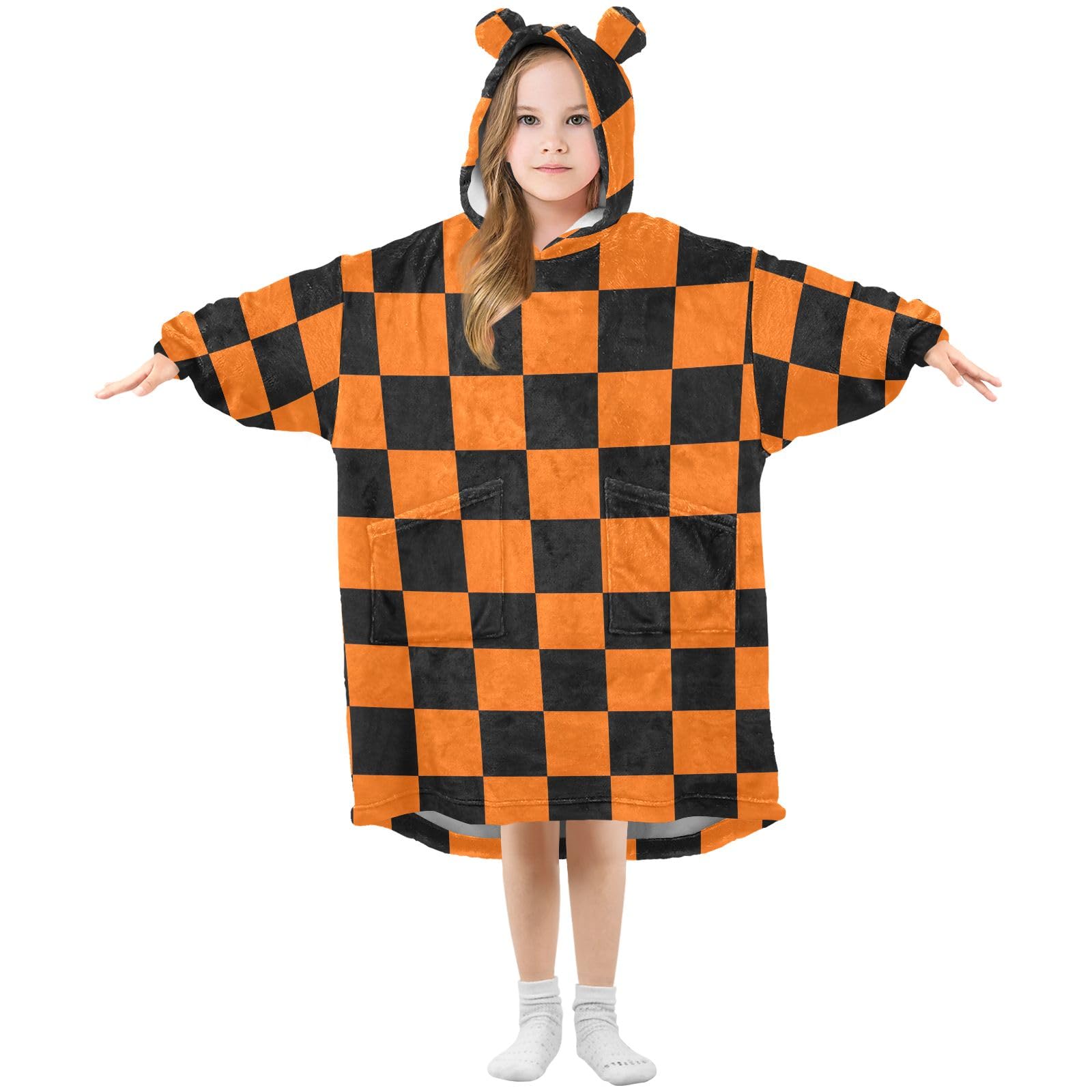 Morgenmantel mit Kapuze für Kinder, weich, Flanell, Morgenmantel mit Ohren und Taschen, warme Nachtwäsche für Kleinkinder, Jungen, Mädchen, Orange / Schwarz