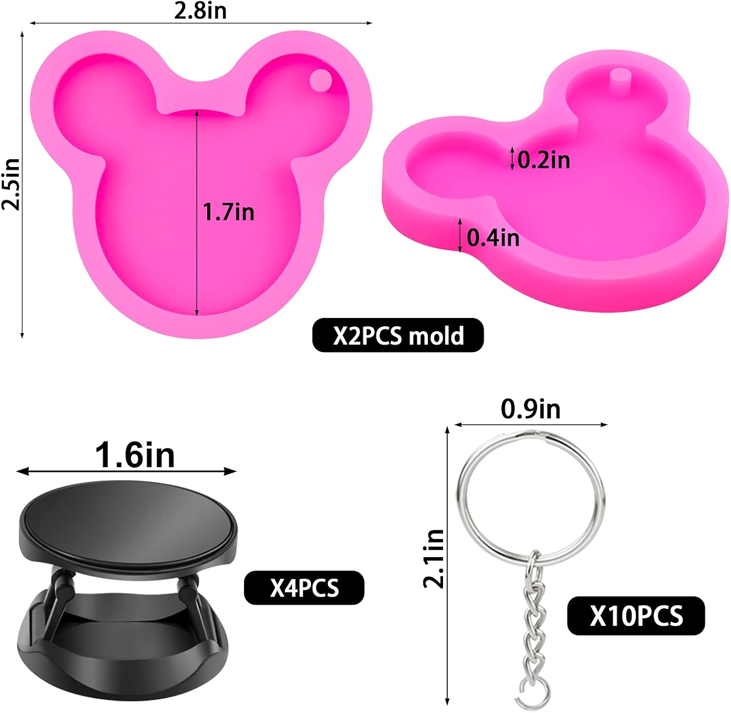 Mity rain 2pcs Phone Grip Mold Epoxy Resin On Top Kits, Silicone Mouse Head Mount Holder Molds with 4Pcs Phone Sockets and 10 Keychains for DIY Crafts Phone Stand Jewelry Making