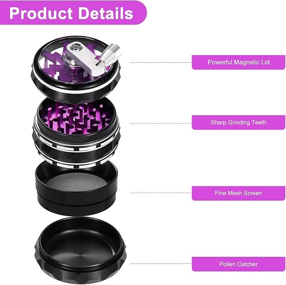 Hand Cranked Clear Top Grinder, 2.5'' Large 4-Part Aluminum Alloy Spice Grinder with Foldable Handle, Scraper and Cleaning Brush, SSFF-FBA-4504965