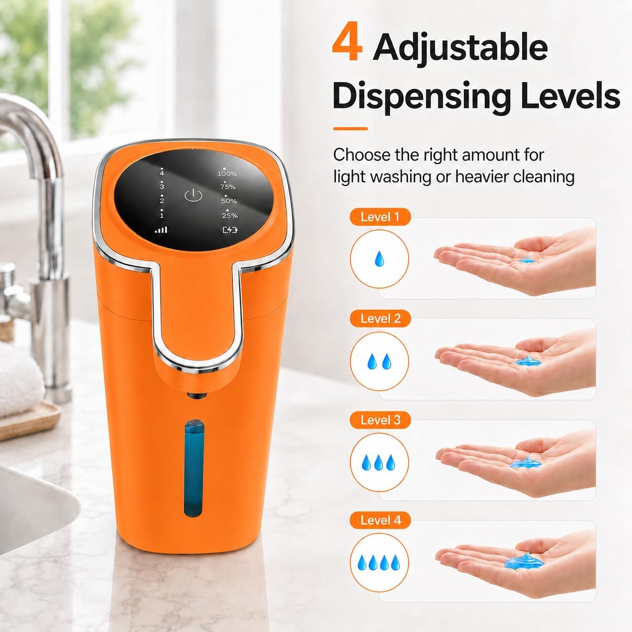 Automatic Liquid Soap Dispenser Touchless, USB Rechargeable (Orange)
