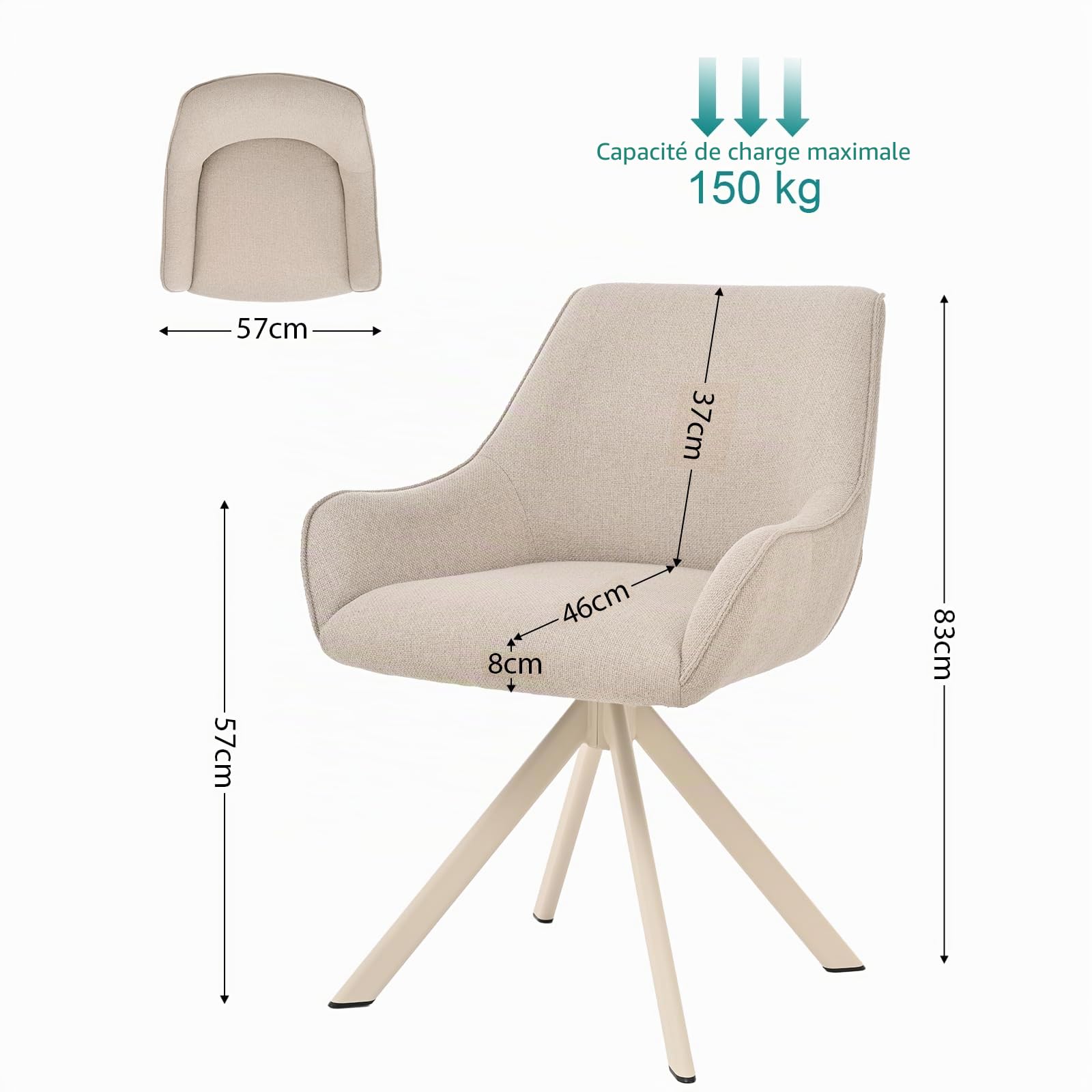 Lot de 6 chaises de salle à manger pivotantes 360° en lin beige avec accoudoirs et structure métal