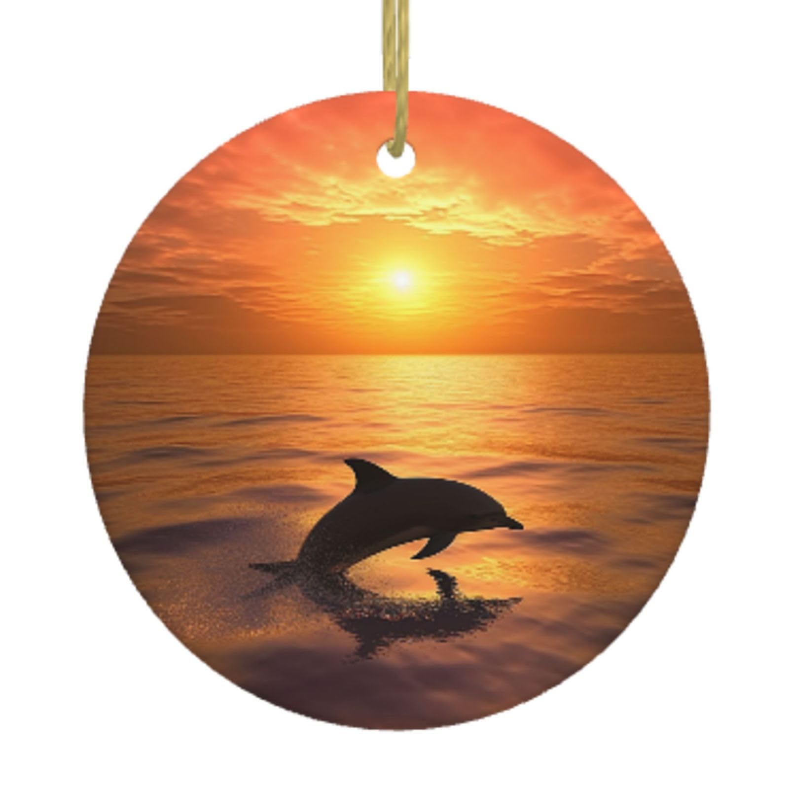 Ceramic Christmas Tree Hanging Ornaments with Gold Ropes Christmas Tree Decorations Round Ceramic Dolphin and Sunset Pendant Keepsake Decorations for Holiday Xmas Gift Ideas