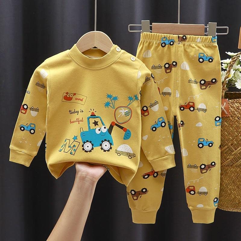 Image of Bold N Elegant Cute Car JCB Cartoon Printed Tshirt Pyjama Set for Little Boy Girl Baby Clothing Set Tee Pant Newborn Gift Set