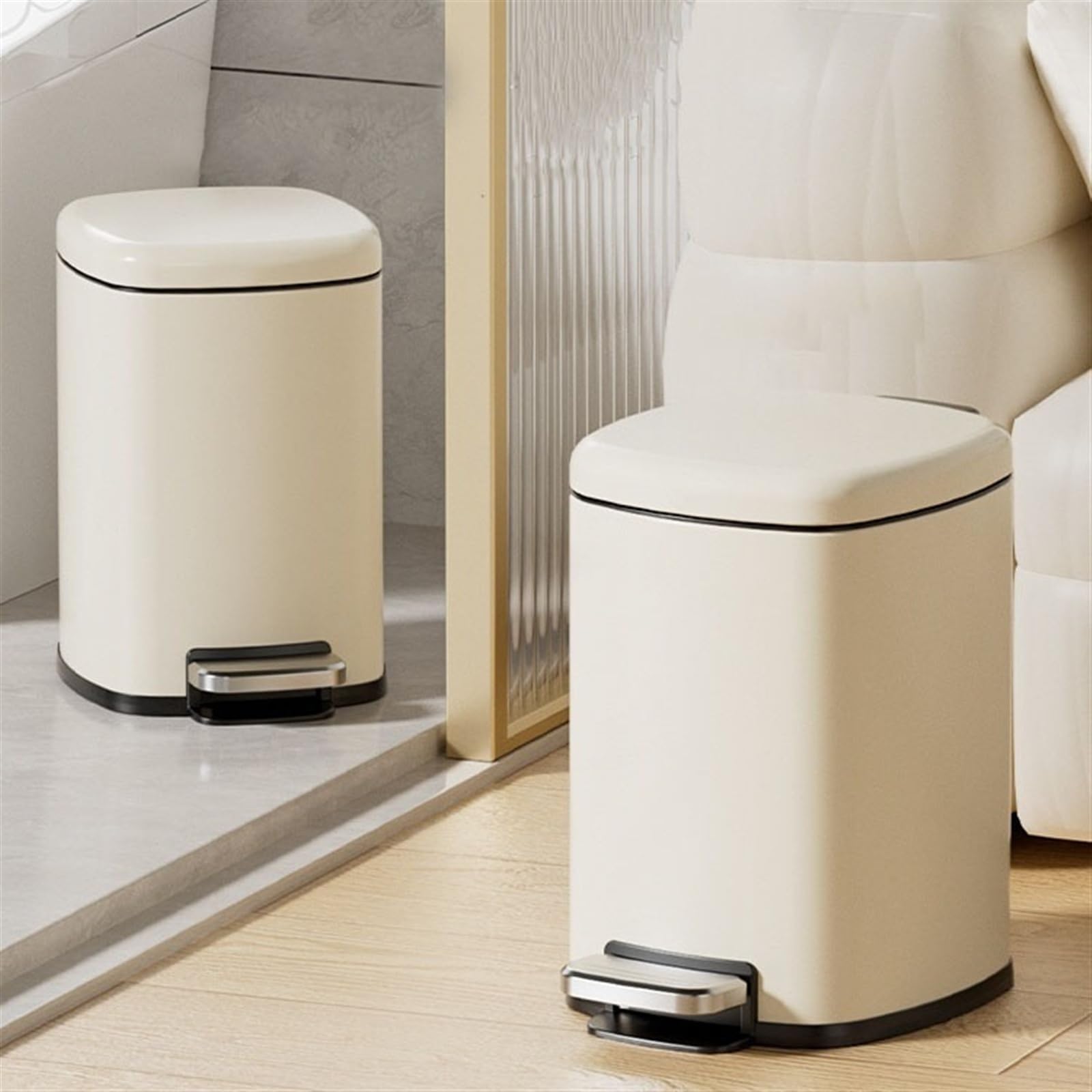 Runder Mülleimer aus Metall mit Fußpedal, Tritt-Mülleimer aus Edelstahl, herausnehmbarem Inneneimer und Griff for Wohnzimmer, Schlafzimmer, Badezimmer(White,15L)