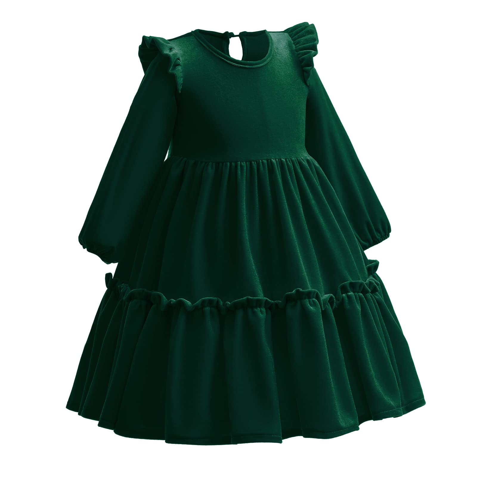 Enfants Filles Robe de Noël Manches Longues Velours Automne Hiver Vêtements Princesse A Ligne Couleur unie Volants Robe de Fête Anniversaire Festif Concours Robe de Bal, vert foncé, 3-4 ans
