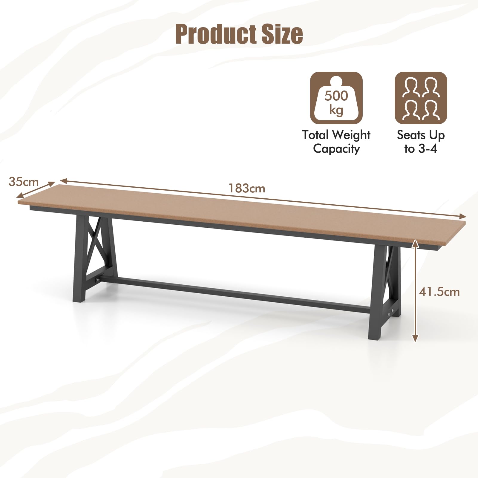 KOMFOTTEU Panchina da Giardino 3-4 Posti, Portata 500 kg | Panchina da Esterno in HDPE e Metallo, per Cortile, Parco, Terrazzo, 183 x 35 x 41,5 cm, Marrone e Nero