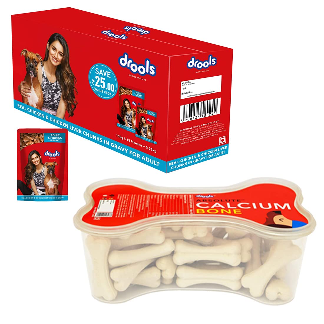 Drools Absolute Calcium Bone Jar (40 Pieces) + Drools Adult Wet Dog Food, Real Chicken and Chicken Liver Chunks in Gravy, 15 Pouches(15x150g),150 g (Pack of 15) (B09CPNFP8R) Amazon Price History, Amazon Price Tracker