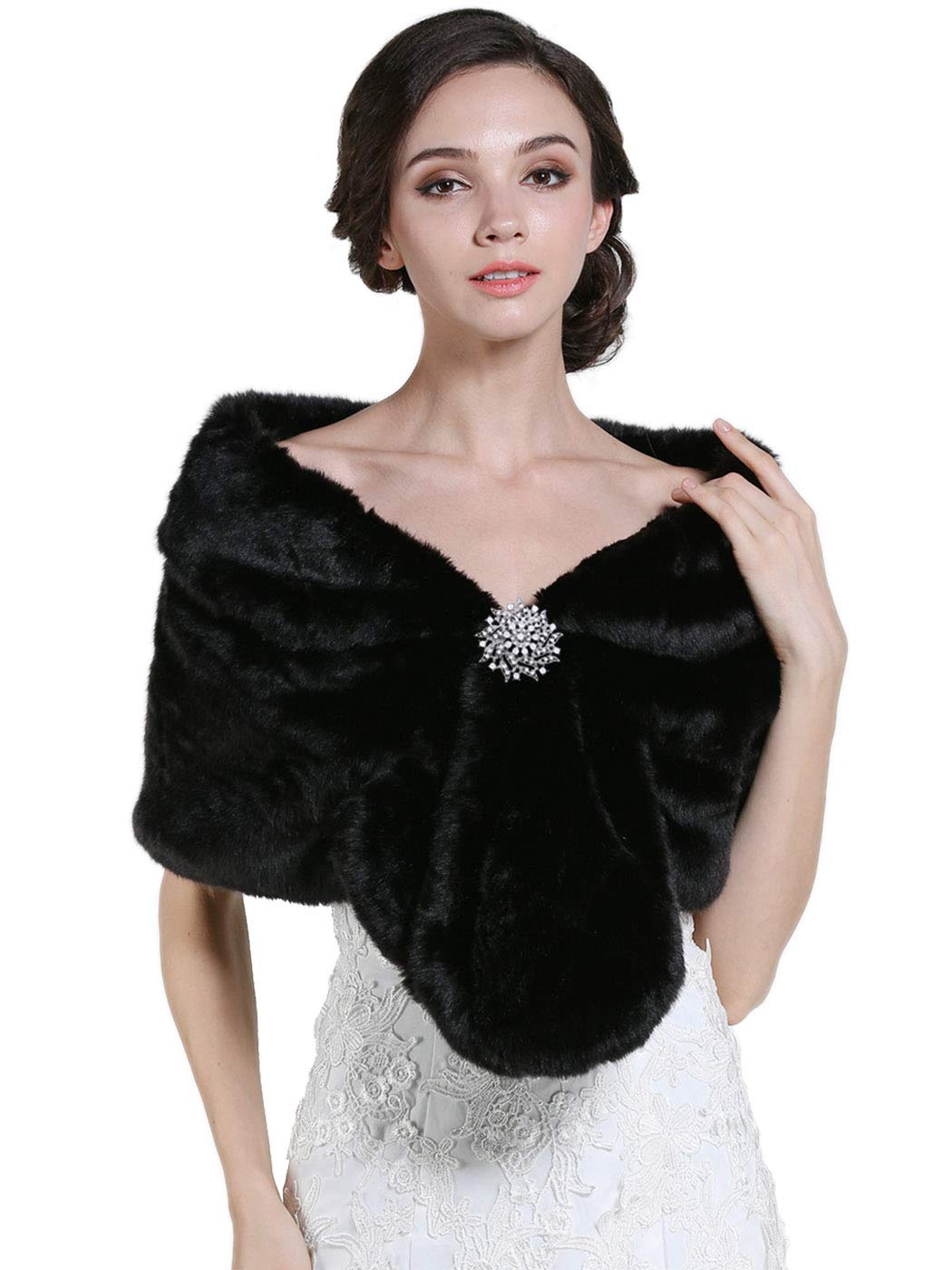 Zoestar Women's Faux Fur Shawl 1920s Wedding Fur Stoles and Wraps Fancy Dress Fur Shrug for Weddings (Black)