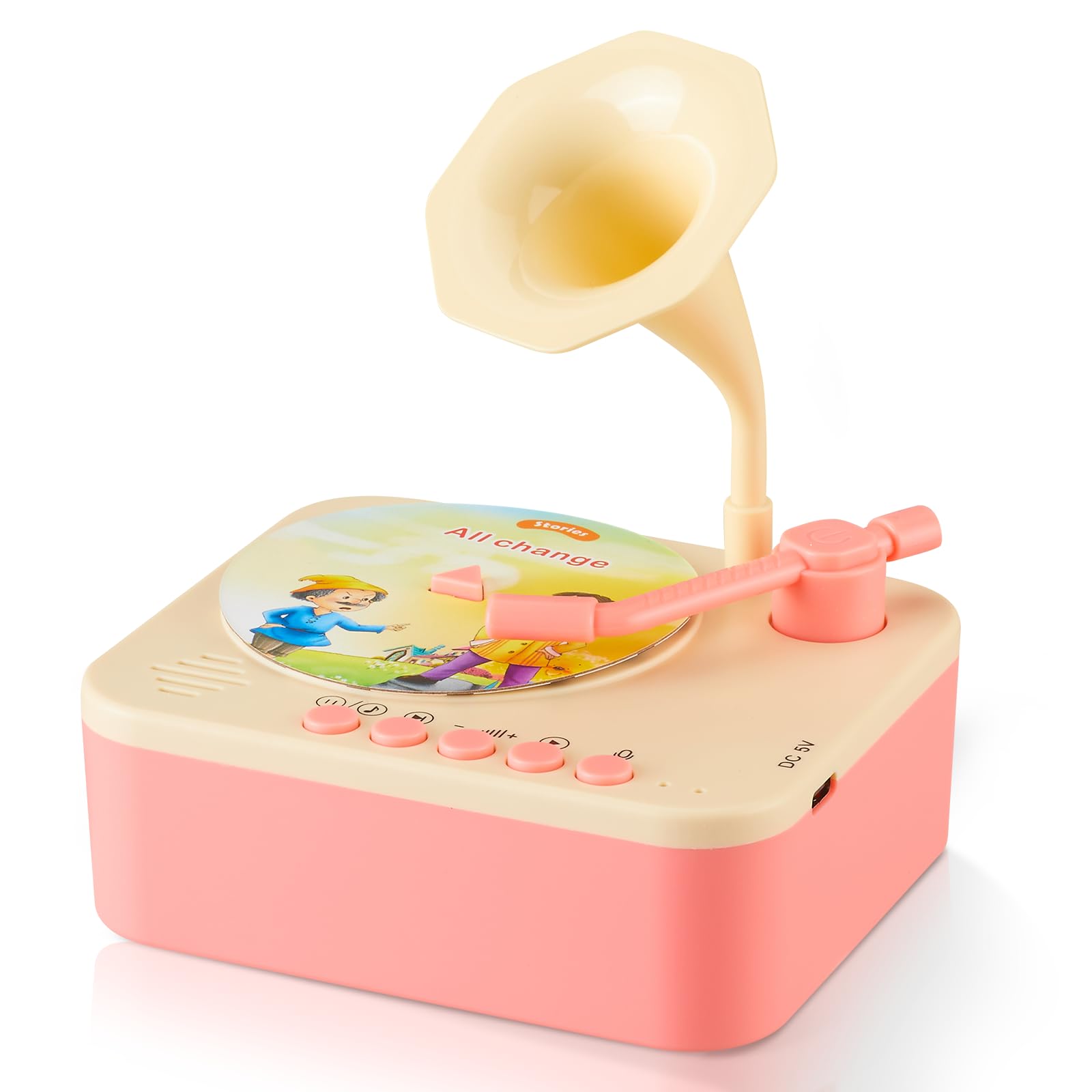 Kids Phonograph with 96 Cards,Children's Storyteller Sleeping Music Box (Pink)