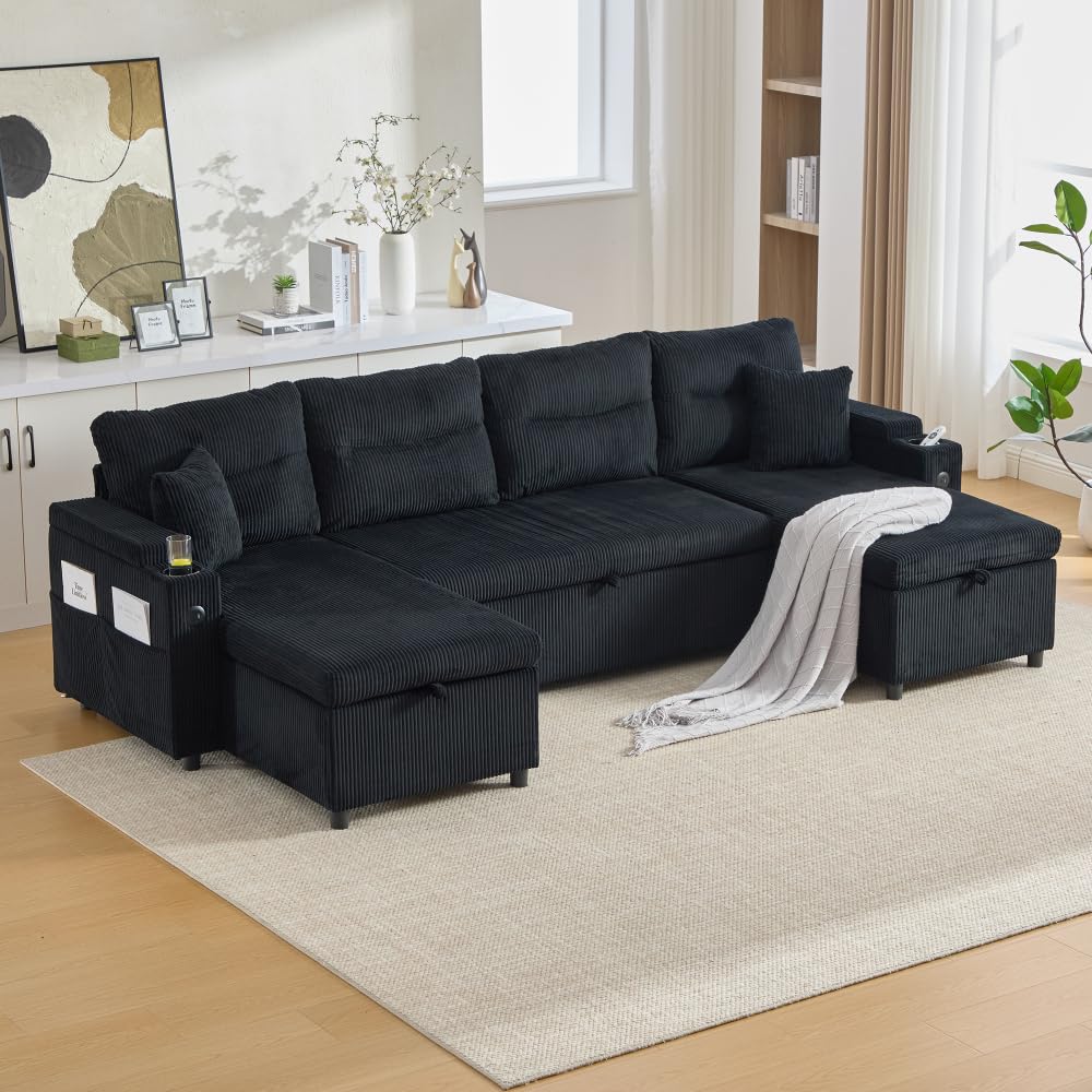 Lubvtti Sofá cama de 4 plazas con portavasos, puertos USB, almacenamiento integrado, sofá de 4 plazas moderno de pana, sofá esquinero en forma de U con chaise longue (negro + 4 plazas)