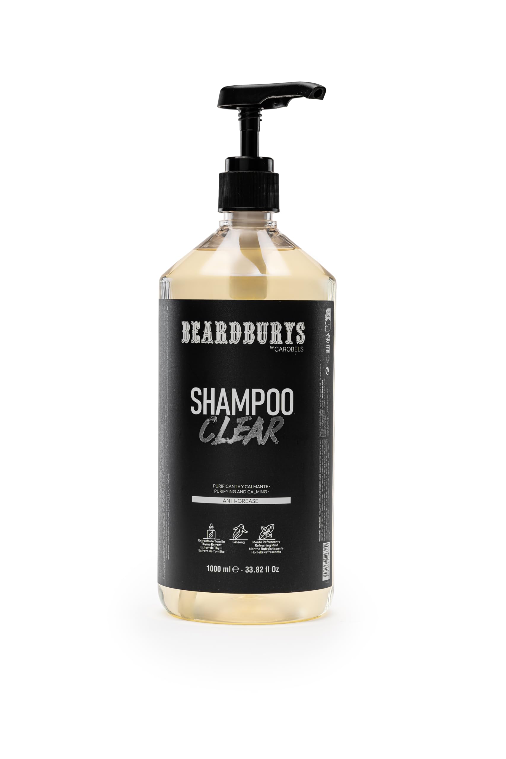 Champú Beardbury Clear para hombres: Control de grasa, alivio para cabello graso y cuero cabelludo con picazón, purificante, sin parabenos. Limpieza profunda y suave para uso diario. 1 L.