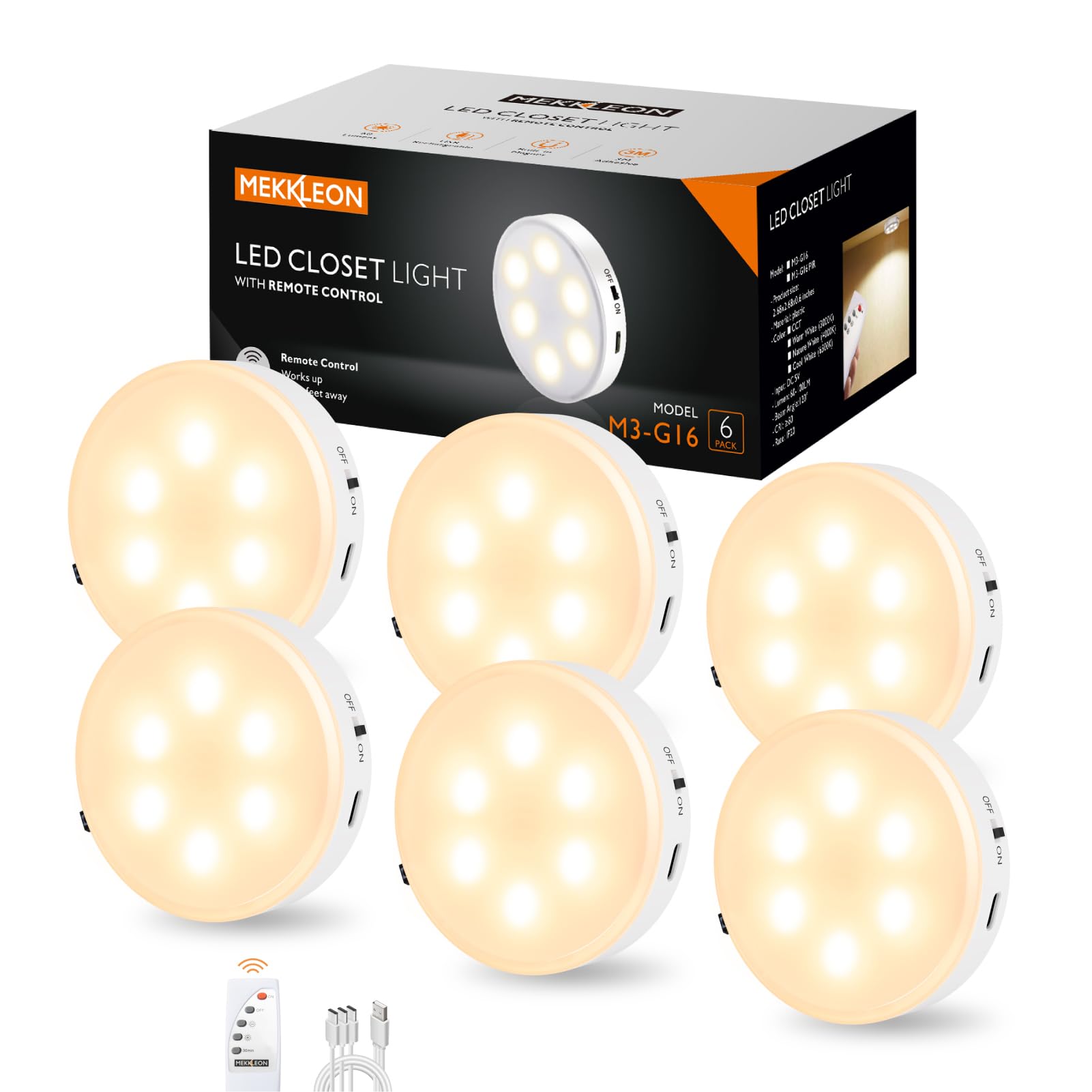 Luz LED inalámbrica con control remoto, 3 temperaturas de color regulables debajo del gabinete, luz de armario, iluminación recargable debajo del mostrador, luces adhesivas para bar, pasillo