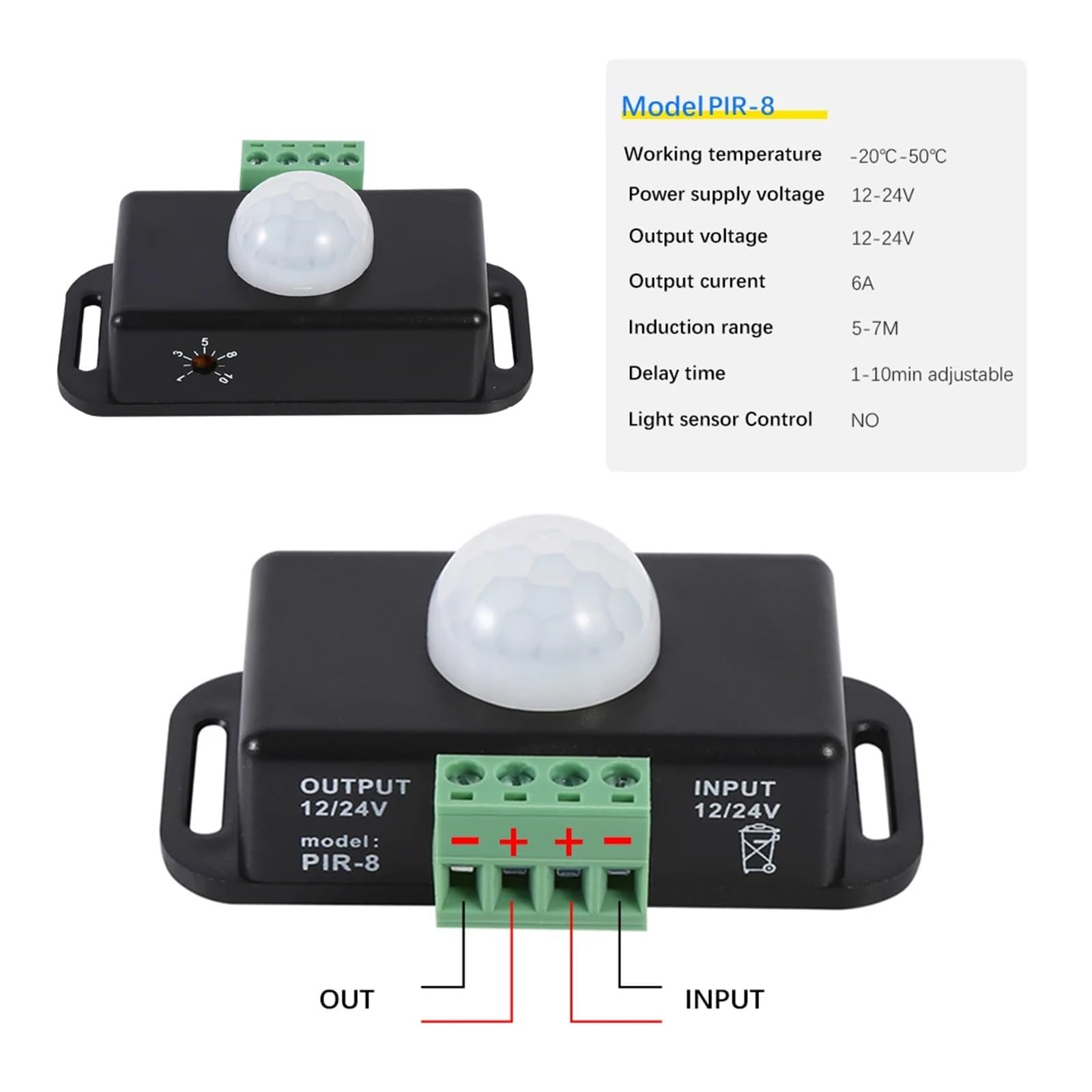 DC5V-24V 12V PIR Sensor de movimiento infrarrojo del cuerpo humano, control del detector de luz LED, barra de luz LED, conector de interruptor de sensor fotosensible (TDL-2023USB blanco)