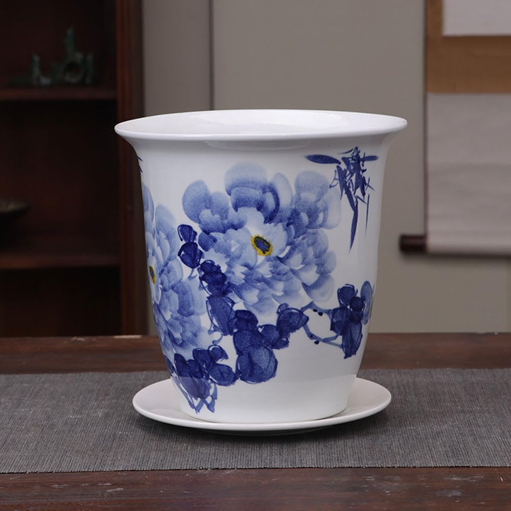 DFGHNBVC Ceramic Planter Blue And White Porcelain Flower Pots With Drainage Chinese Bonsai Pot Chinoiserie Decorative Plant Pot Table Centerpiece For Home Office Table,2-blue white