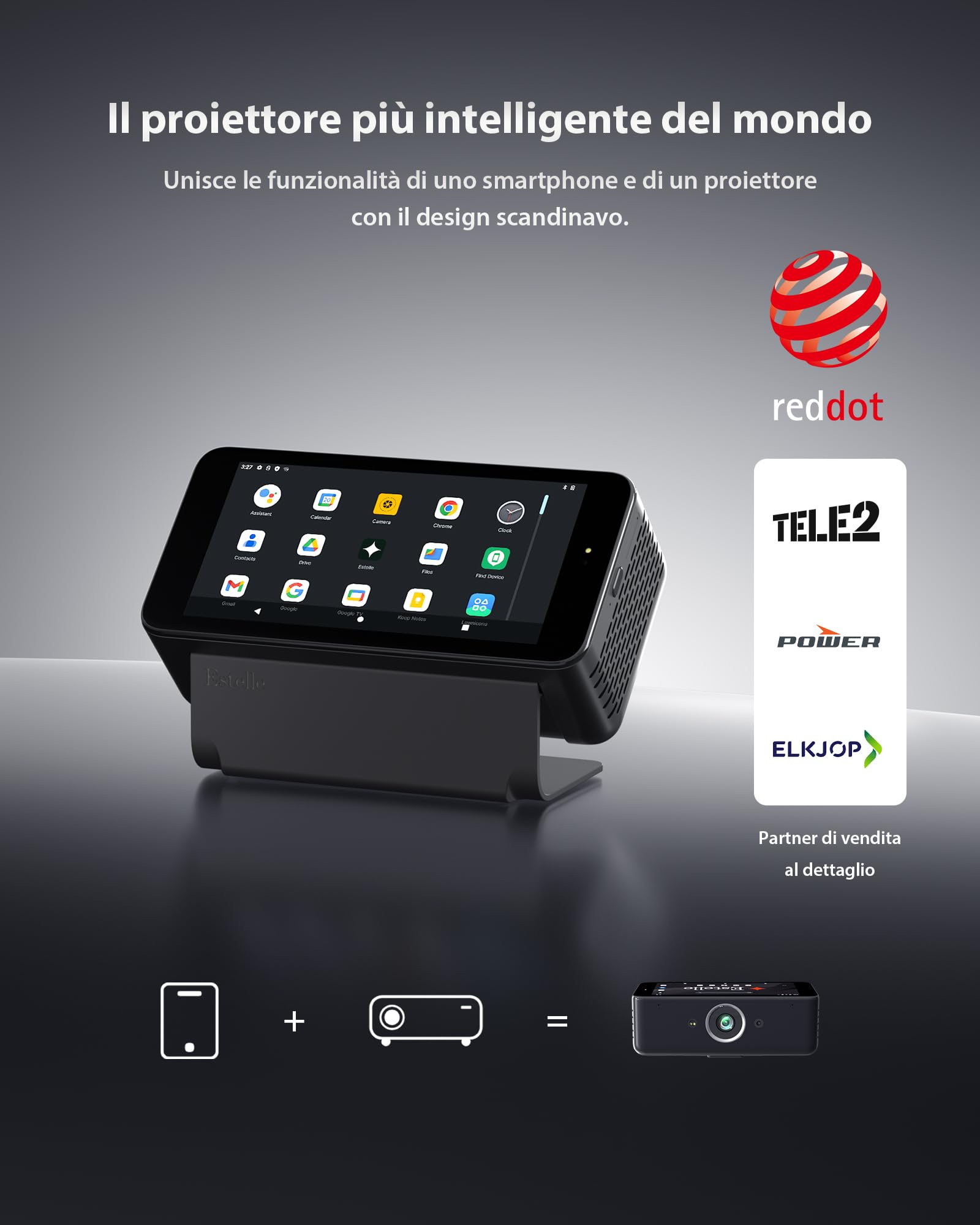 Estelle One Proiettore 4K con 64GB, Batteria Integrata, Android 12 | 5,99" Schermo Touch, Portatile Intelligente, Autofocus/Keystone, Download di App e Rotazione di 90° - Nero