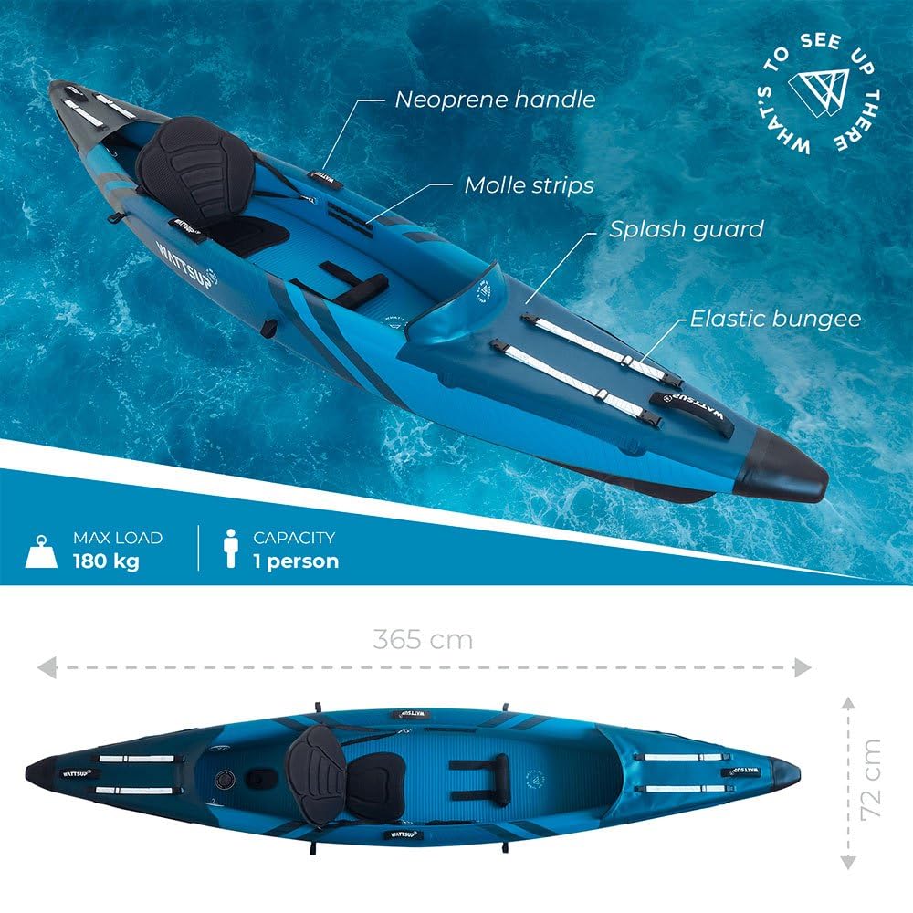 Wattsup - Kayak Gonflable Torpedo 1 Place - 365 x 72 cm (12'x28) - Dropstitch - Max 180kg - Pack Complet - Tous Niveaux