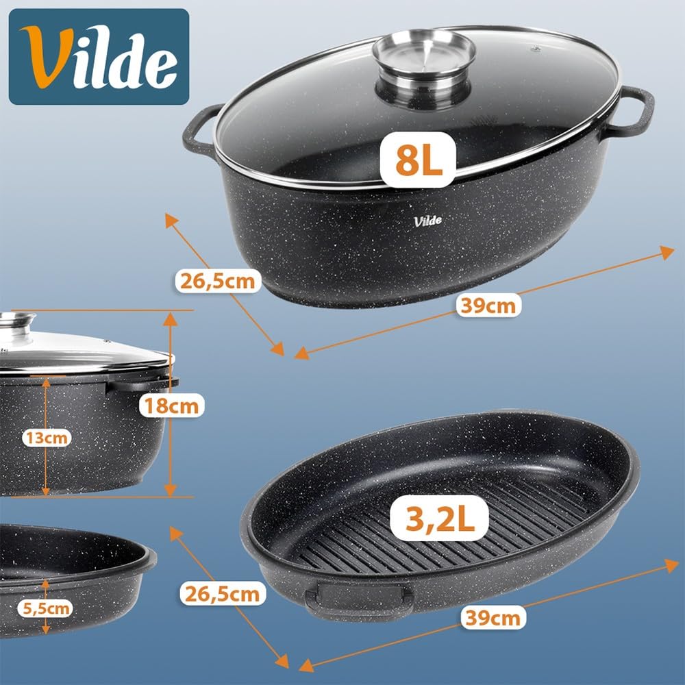 Vilde Granitowa patelnia z pokrywką 39 x 26,5 x 18 cm – brytfanna 8 l + 3,2 l – piekarnik 2 w 1 z grillem – powłoka granitowa, do kuchenek indukcyjnych, gazowych, elektrycznych