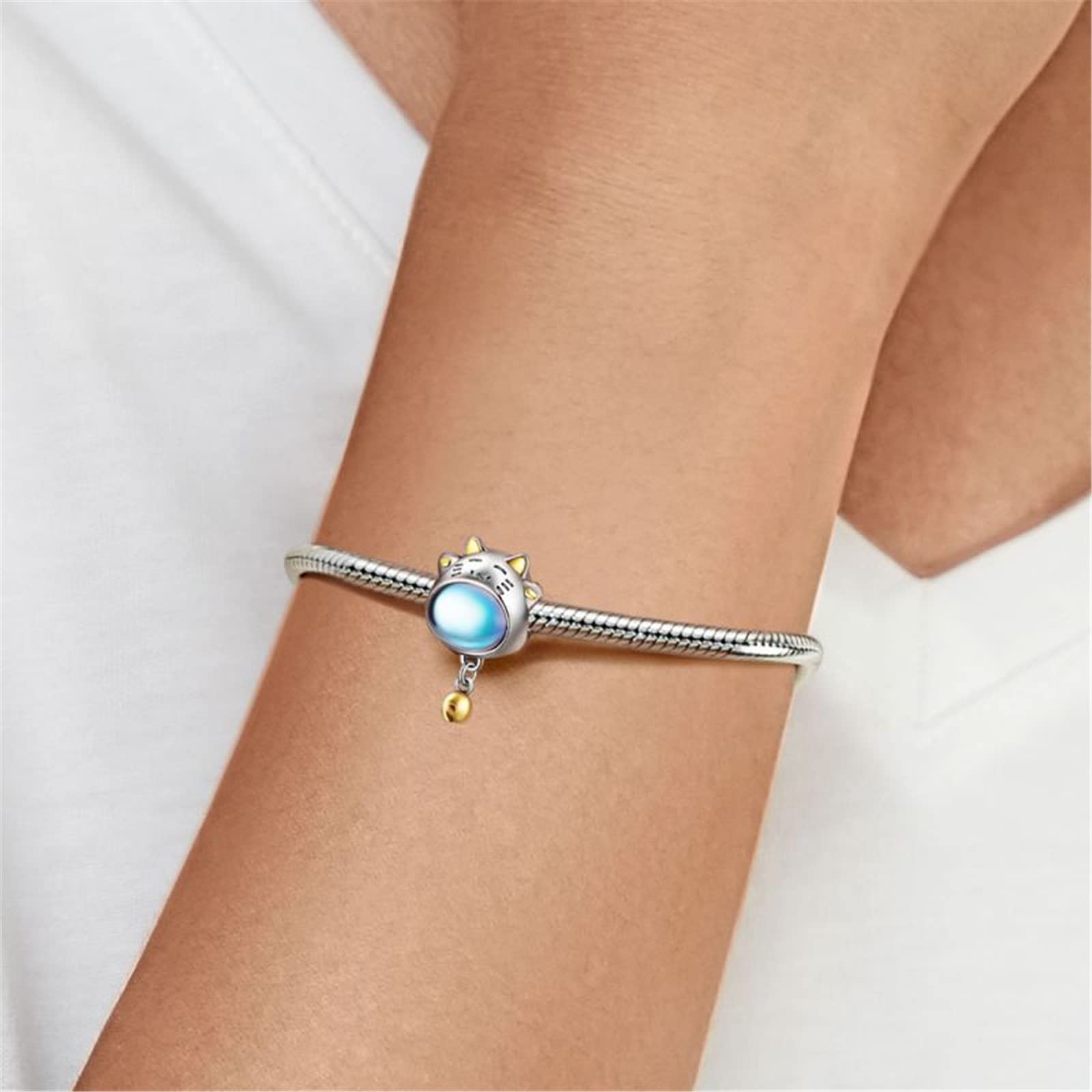 GNOCE Branello di Fascino Gatto Fortunato con Campana Argento 925 Perline Pendenti e Ciondoli per Braccialetti Gioielli Regalo per Le Donne Fit Bracciali A Catena Del Serpente/Collana (Lucky Cat)
