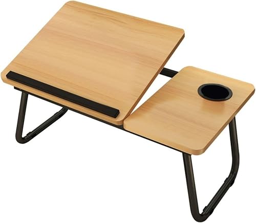Foldable Adjustable Split Laptop Bed Table, Wood Finish, with Cup Holder, Portable Lap Desk