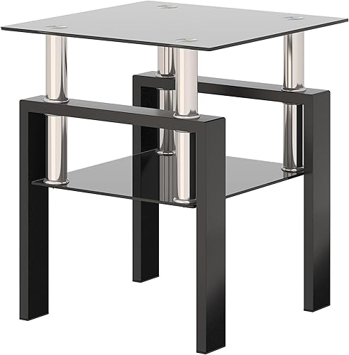 Miniatura 7 de Mesa auxiliar de cristal, mesa auxiliar cuadrada con marco de metal, pequeña mesa de café para sala de estar y dormitorio (negro)
