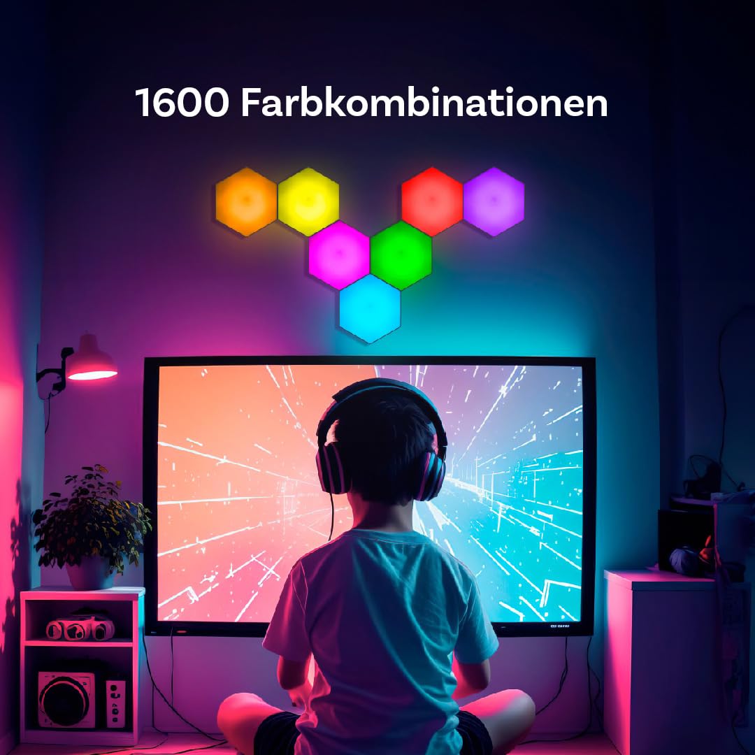 Emberela HEXlights 7er-Pack Hexagon Lichter - LED Lichtpaneele für Wand oder Tisch - Berührungs- & Fernbedienungsgesteuert - Dekor für Gaming Zimmer - Sehr geeignet für Kinder mit Autismus