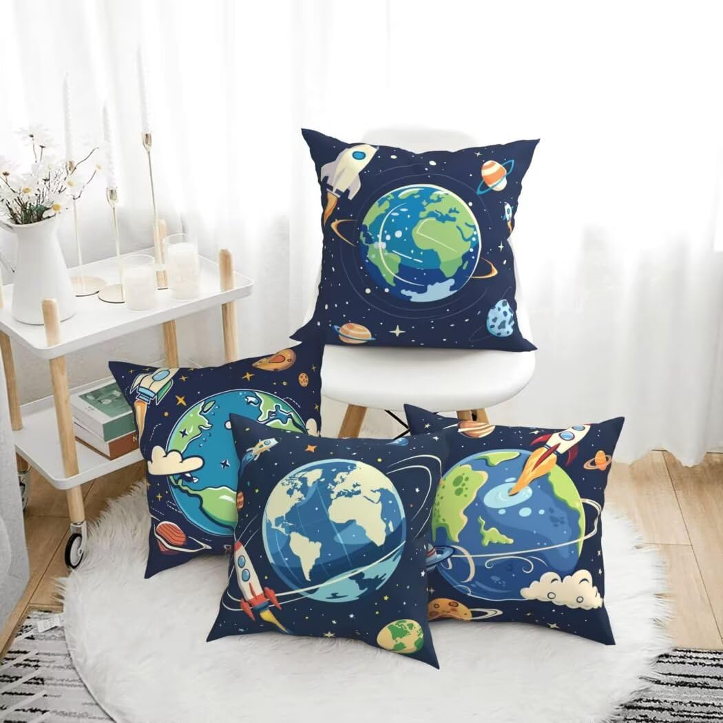 Poszewka na poduszkę z kreskówek 60 x 60 cm poszewka na poduszkę miękka aksamitna poduszka planeta dekoracyjna na sofę, 4 sztuki poszewki na poduszki z ukrytym zamkiem błyskawicznym dekoracja do domu