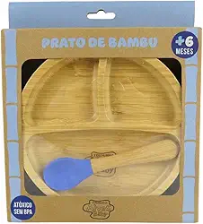 Prato De Bambu Com Ventosa E Colher Azul - Turminha Alves Baby