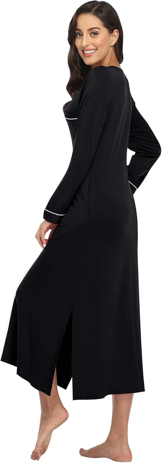 COLORFULLEAF Nightgowns for Women Long Sleeve Soft Nightshirts V Neck Full Length Sleepwear Casual Loungewear