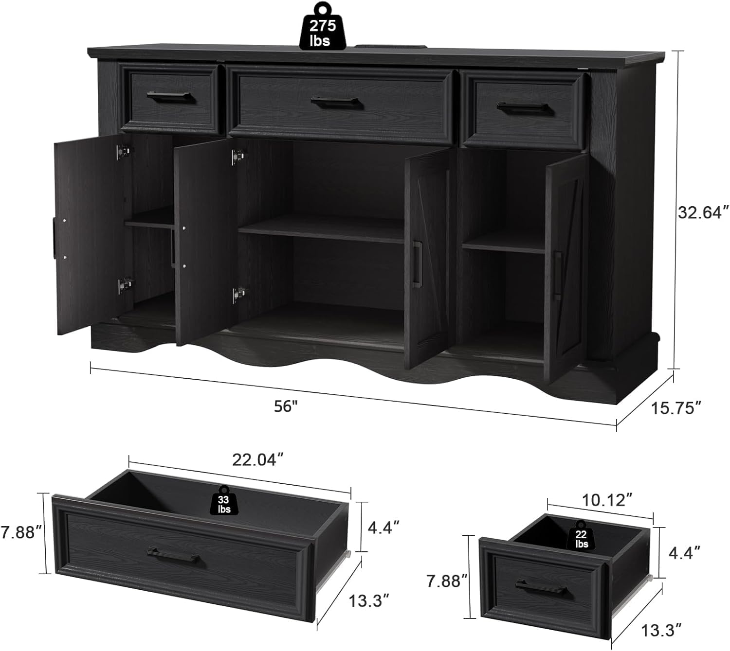 56" Buffet Cabinet with Storage, Farmhouse Sideboard Buffet with 3 Drawers and 4 Doors, Wood Coffee Bar Cabinet with Adjustable Shelves, Sideboard Storage for Kitchen, Living Room, Entryway, Black