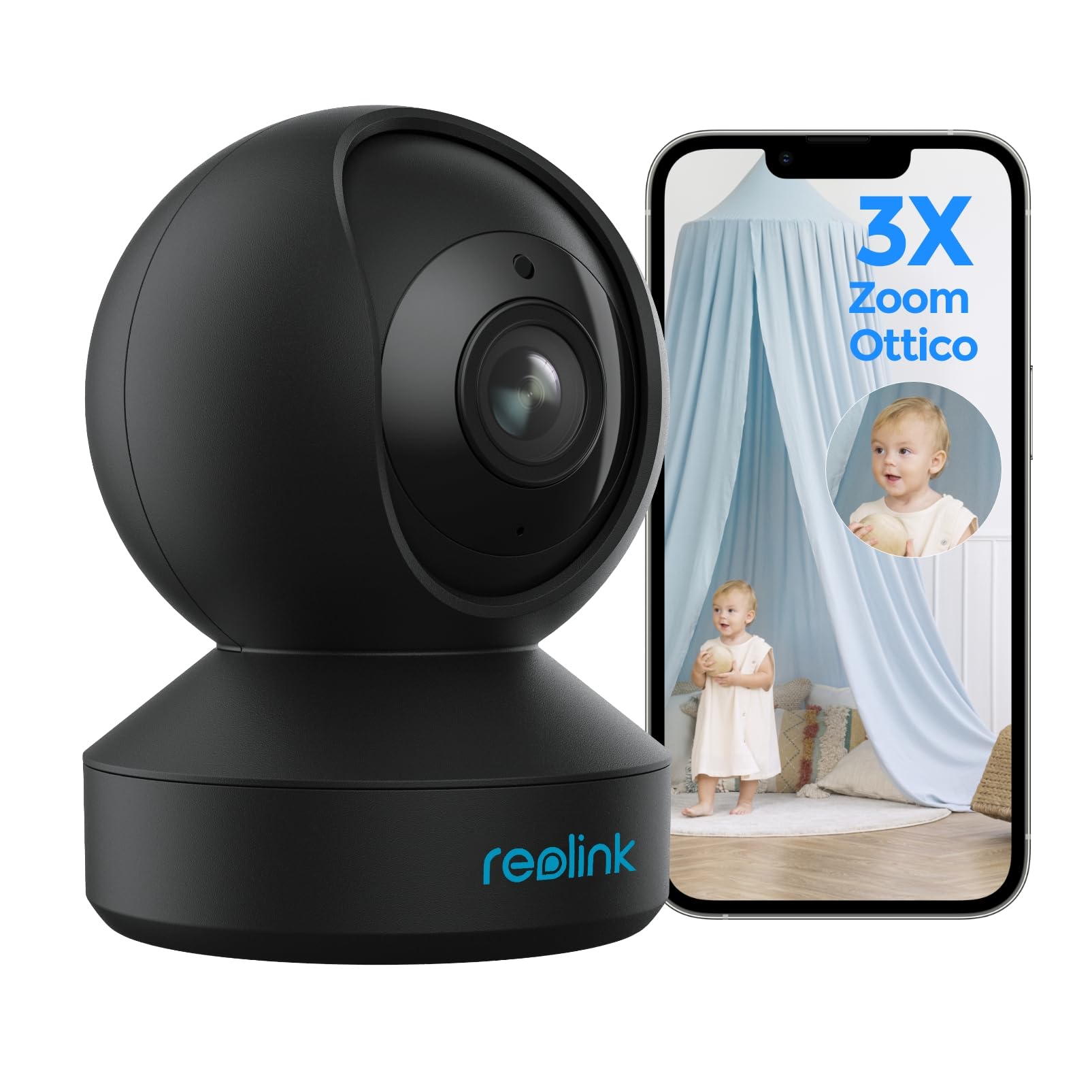 Reolink Reolink Telecamera WiFi Interno 5MP con PTZ, Auto Tracking, Zoom Ottico 3X, Telecamera di Sorveglianza WiFi 2.4/5GHz, Baby Monitor, Rilevamento Persone/Animali Domestici, Audio a 2 Vie, E1 Zoom Nero