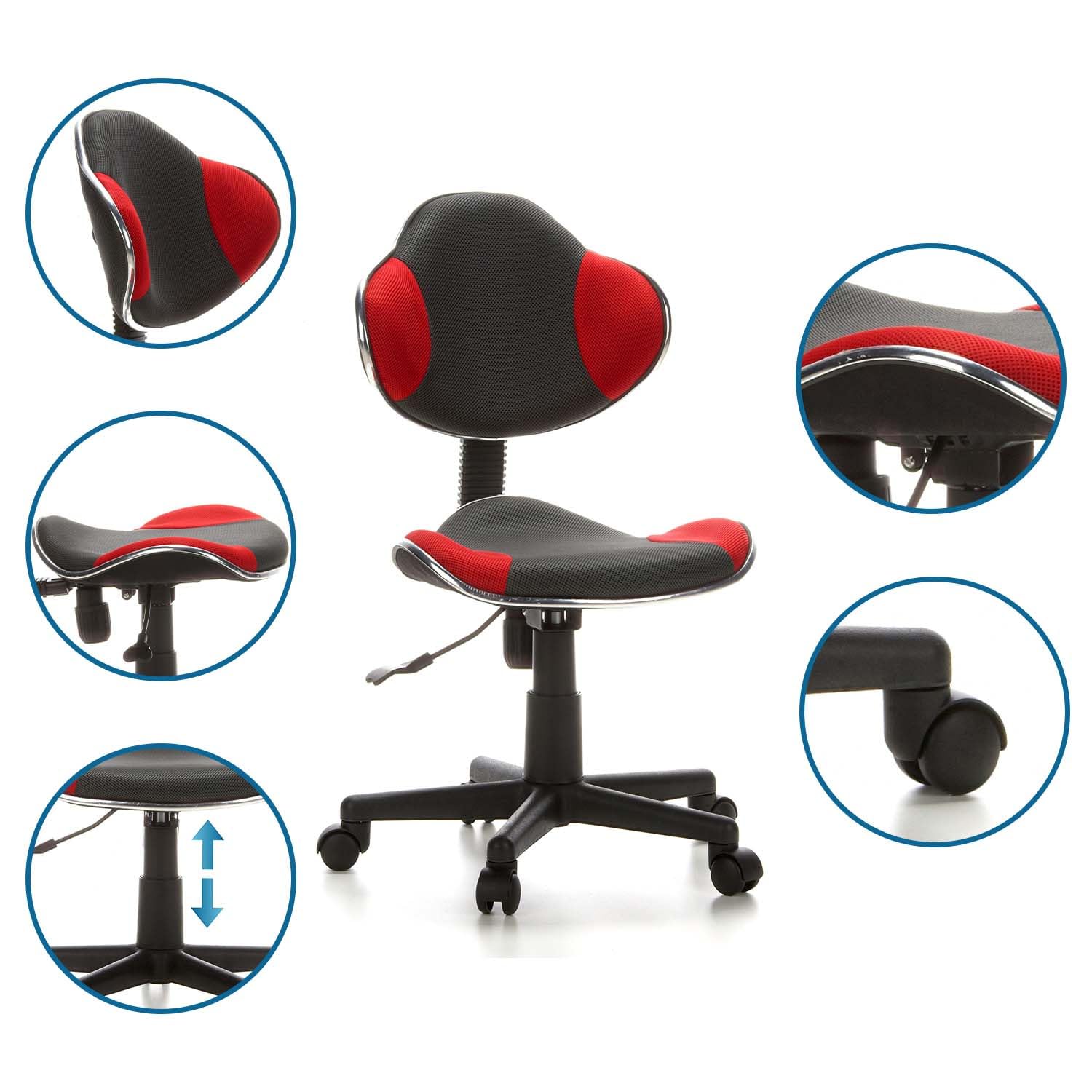 hjh OFFICE 633002 Silla Escritorio para niños KIDDY GTI-2 Tejido Gris/Rojo, ergonómico Silla Juvenil, Altura Ajustable