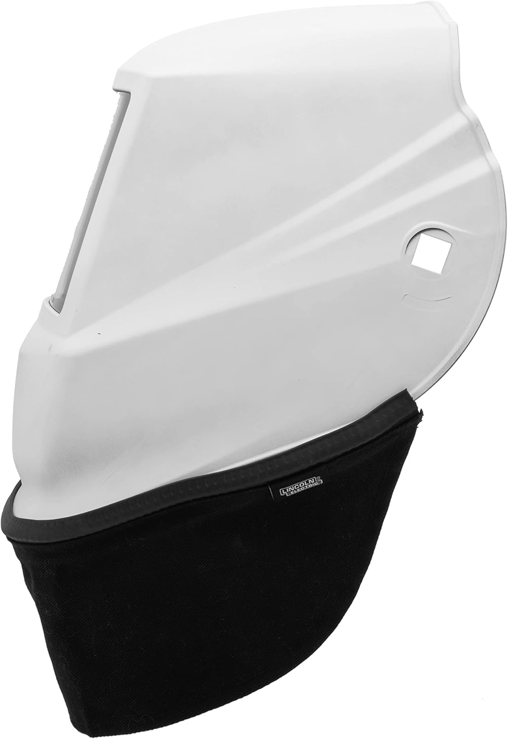 A white welding helmet with a black bib attachment.