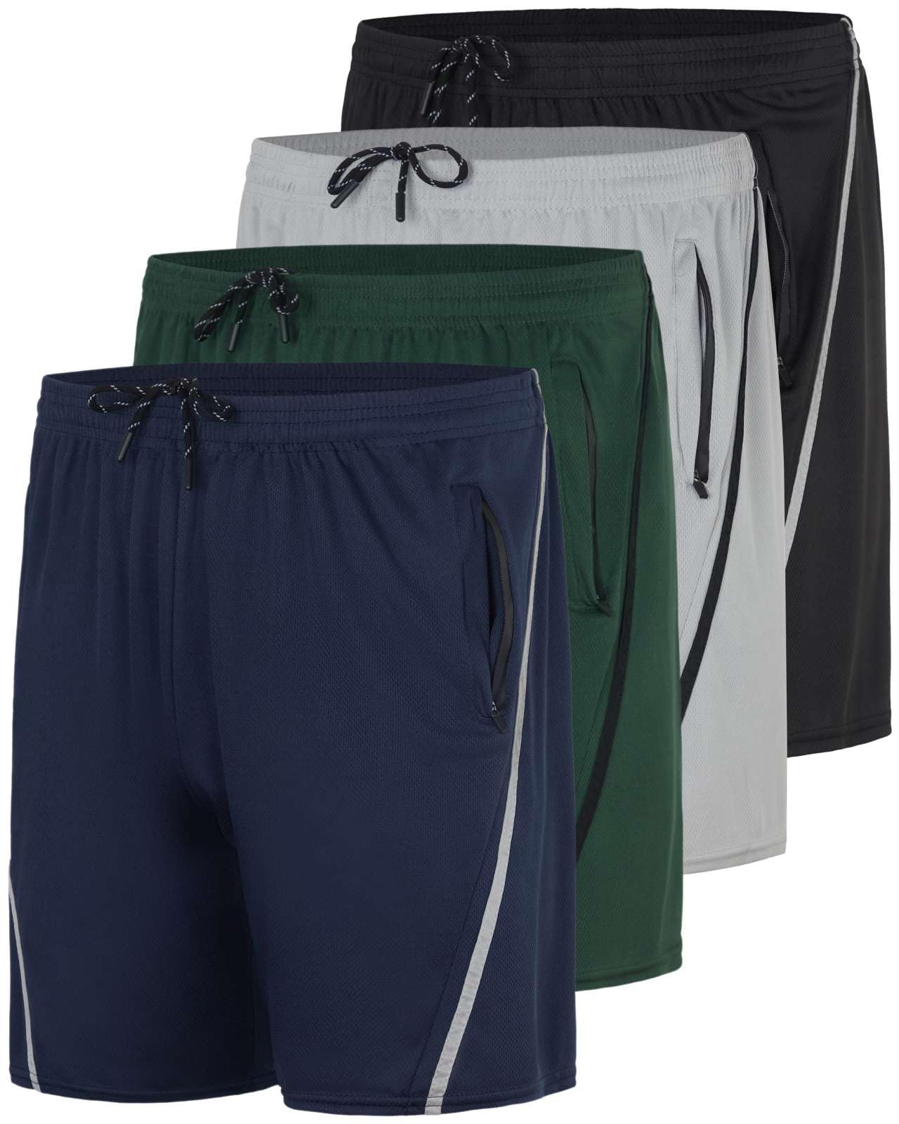 Real Essentials 4 Pack Mens Mesh 7 Athletic Zipper Shorts Workout Gym Running Basketball Big and Tall Available