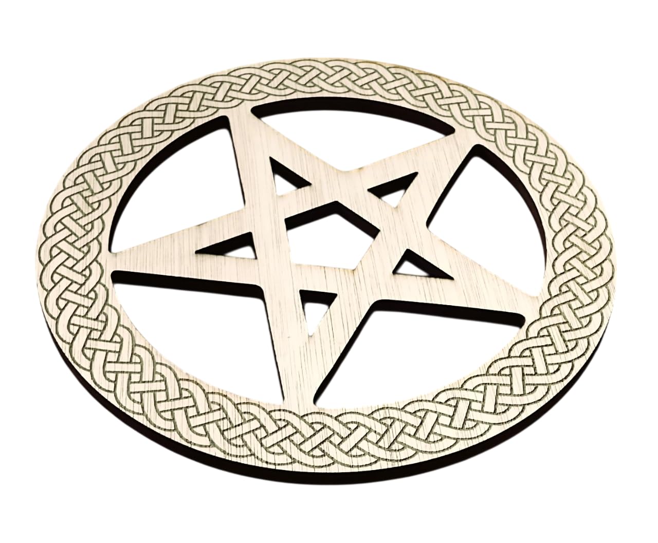 Pentagram Altar Tile - Celtic Knot Design Wooden Pentacle - Wicca Witchcraft - 15cm (6 inches) Diameter