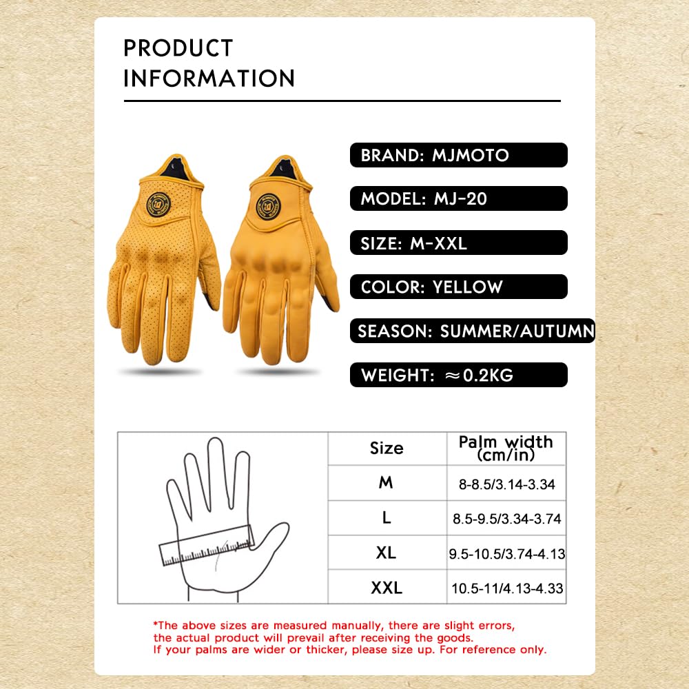 Gants de Moto en Cuir de chèvre Classique Jaune avec Trou de vélo d'été Gants de vélo pour Les Gants de Protection du Motocycliste