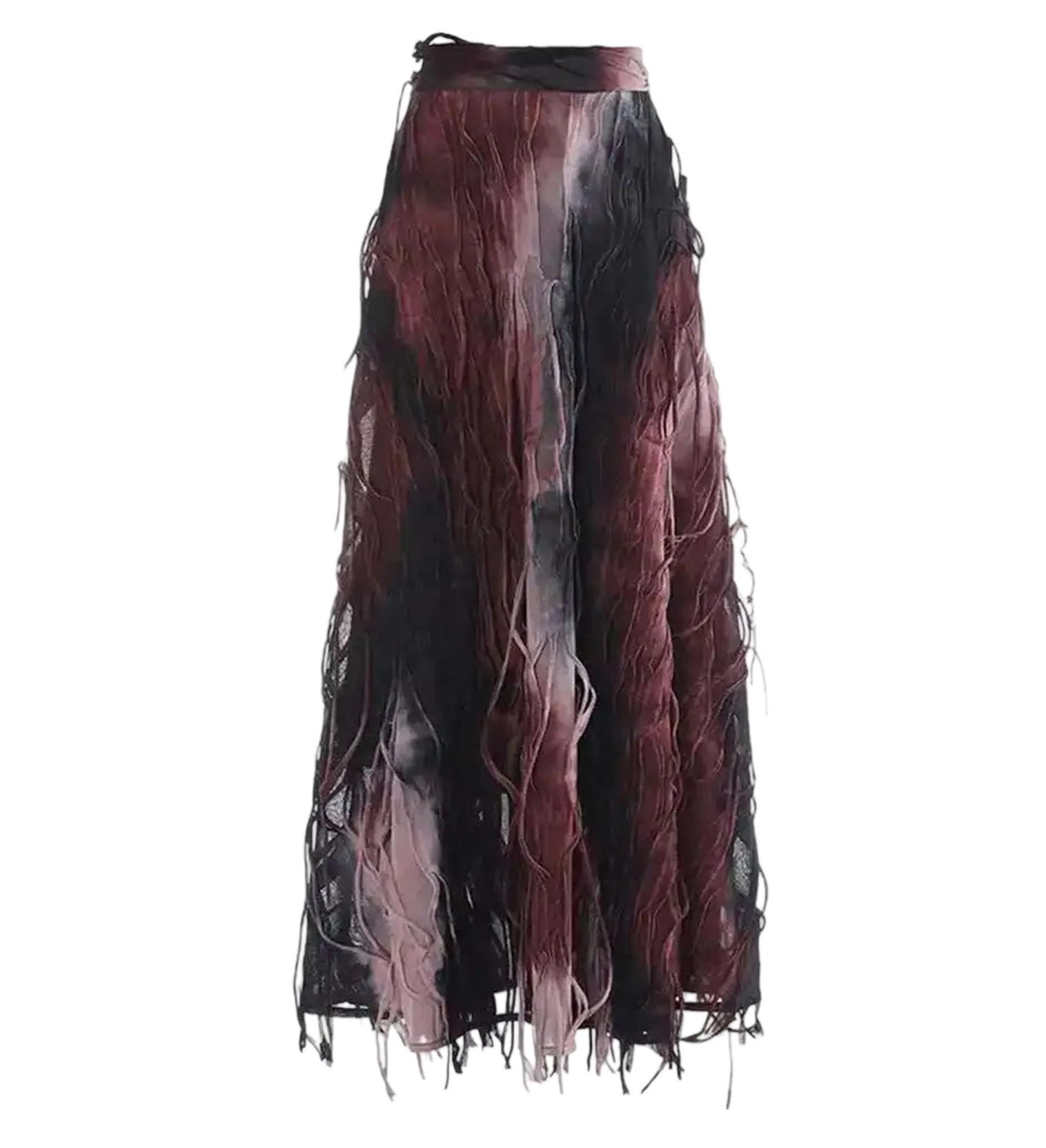 Womens Midi Skirt Vintage Zipper Gradient Tie Dye Pleats A-Line Tassel Party Wedding Long Skirts
