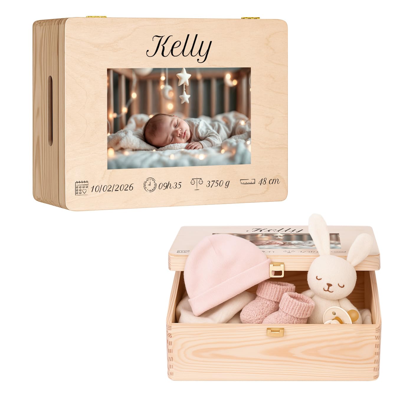 Maverton Boite Souvenir Bebe Personnalisable - Cadeau Naissance Personnalisé - L/XL Boite de Rangement avec Couvercle en Bois de Pin Naturel - Cadeau Noel - Cadeau Anniversaire Enfant Personnalisé