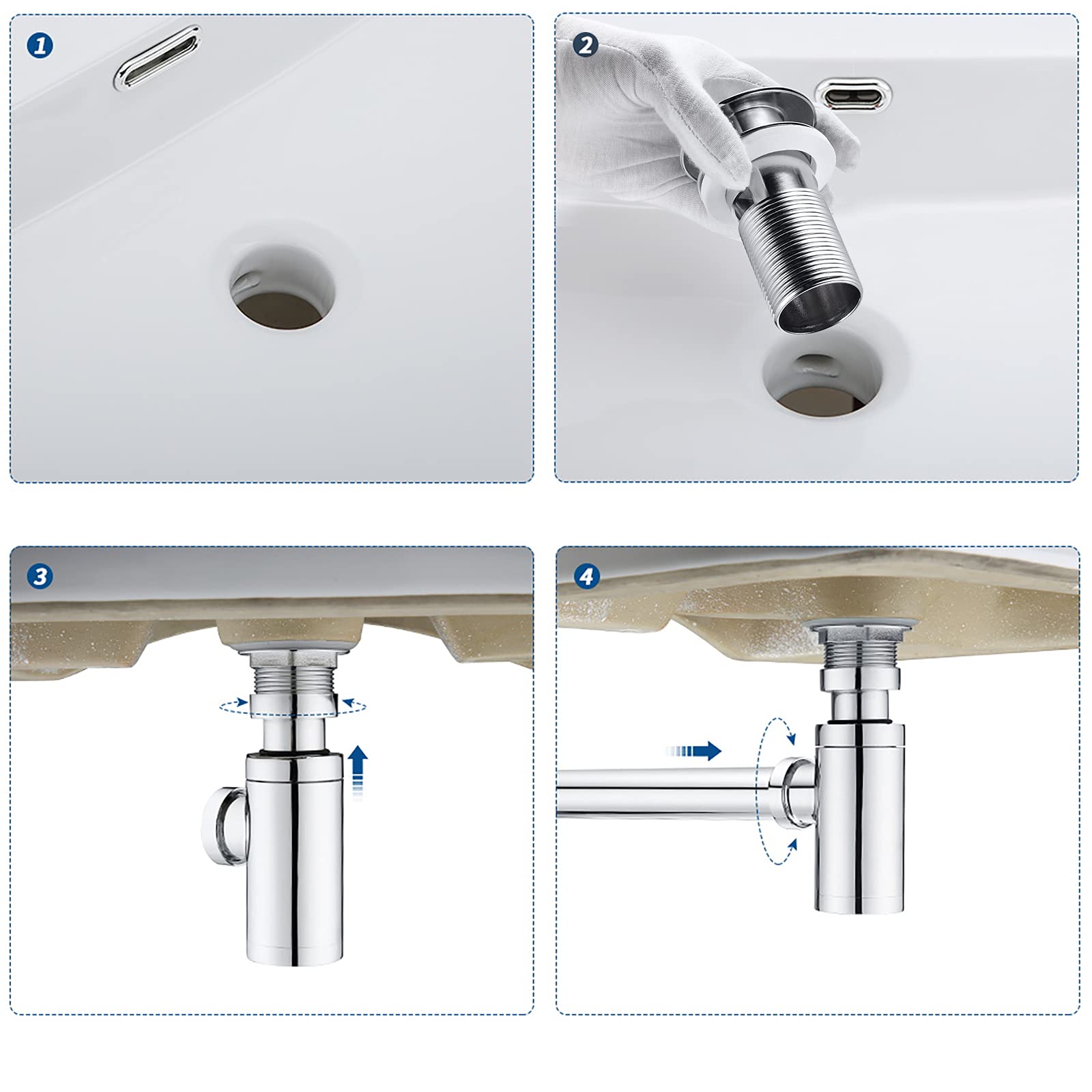 Bottle Trap + ClickClack Sink Drain, Auralum Round Decorative PTrap