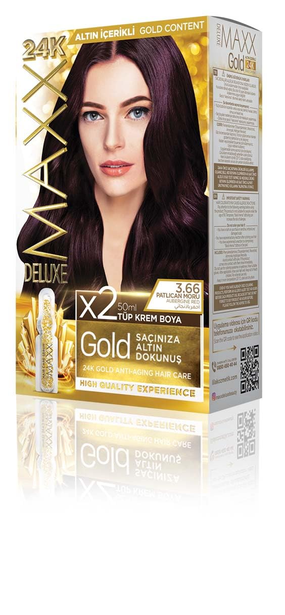 MAXX DELUXE Gold serisi 24K Altın Parçacıklı Serum ile 1 Kutu 2 x 50 ml ve Geliştiriciler Saç Boyası (PATLICAN MORU 3.66)