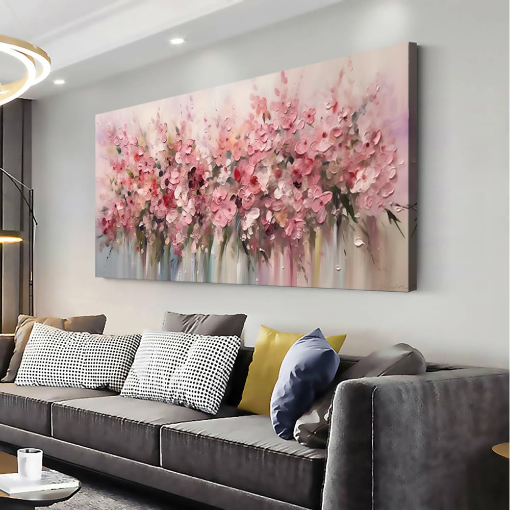 ZOMNAI Beautiful Blooming Pink Flowers Painting Plants Wall Art Decor Artwork for Bedroom (30x60 Inches)