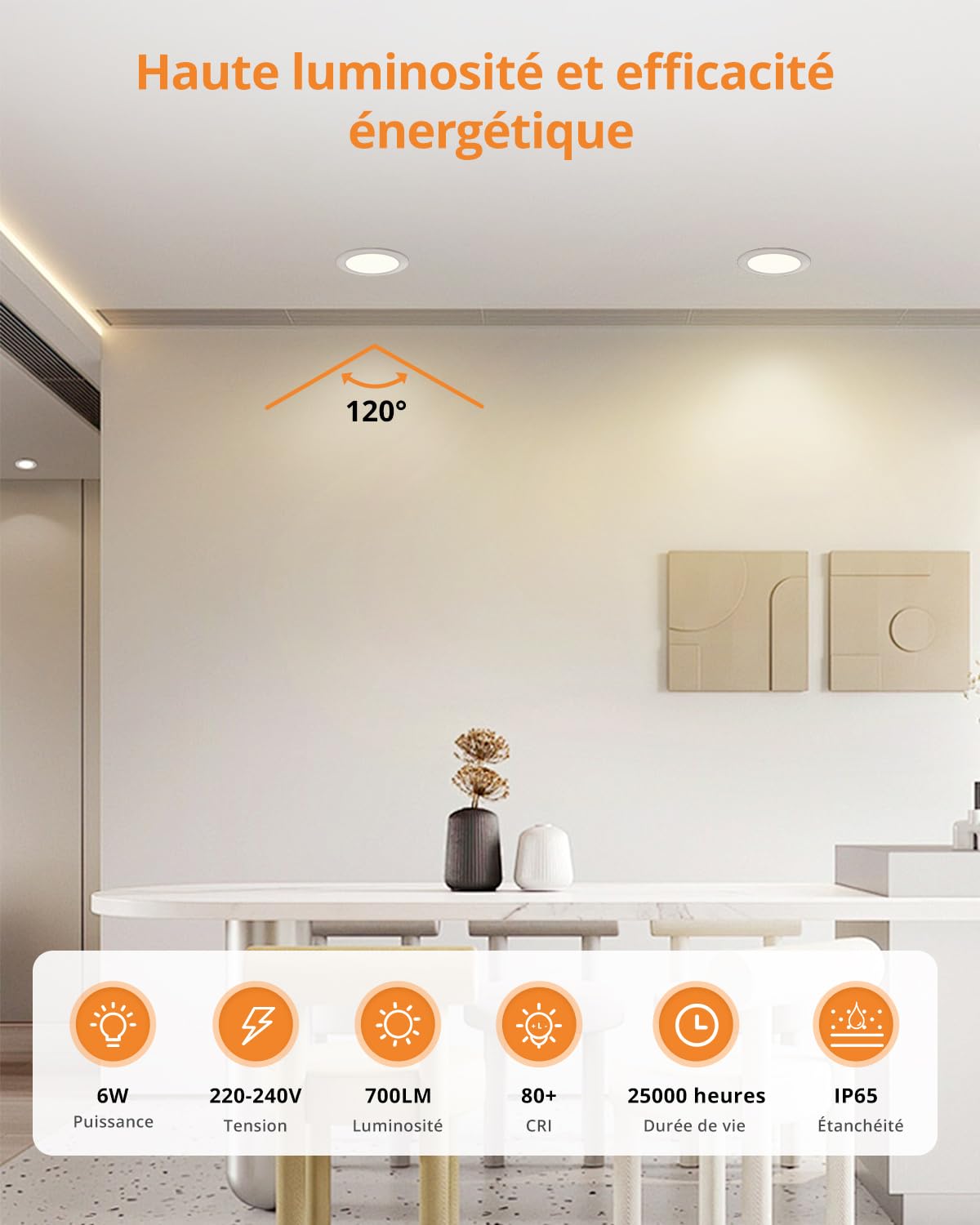 Wowatt Spot Led Encastrable Dimable 6W, IP65 pour Salle de Bain - Blanc Chaud 2700K, Neutre 4000K et Froid 6000K, 700LM Encastrés Trou 68-80mm, Lot de 10