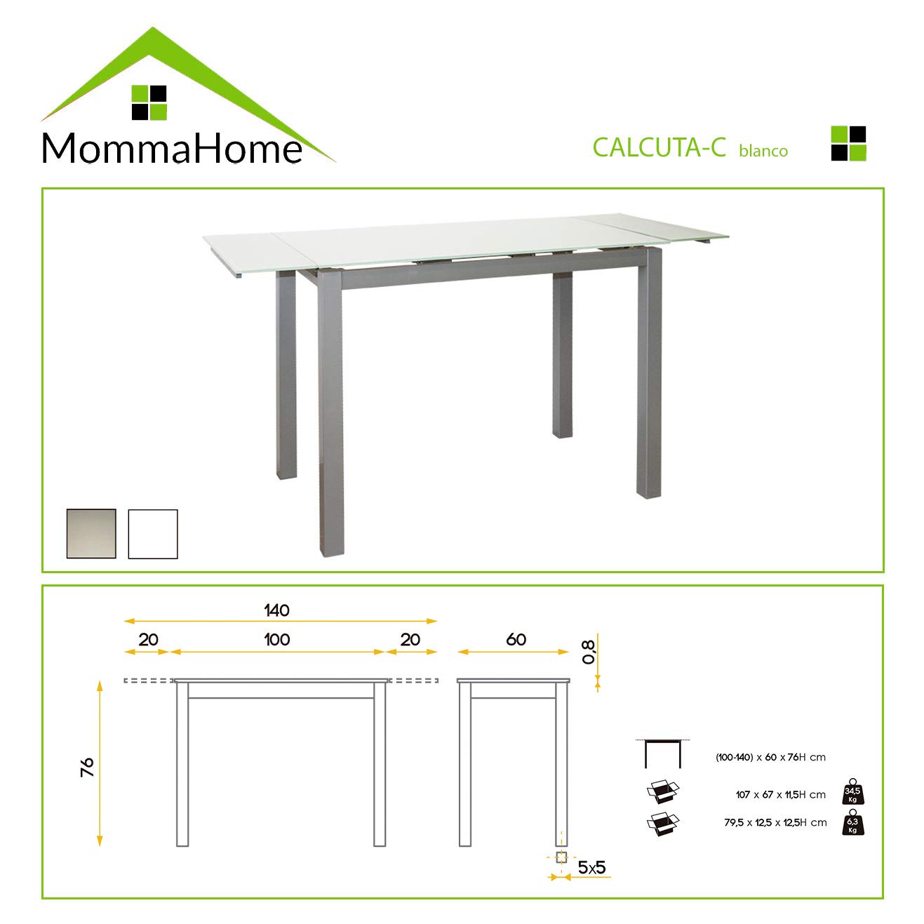MOMMA HOME - Tavolo da Cucina Allungabile - Modello Calcuta - Bianco - Dimensioni 100/140 x 60 x 76 cm - Materiale in Vetro Temperato - Struttura in Metallo