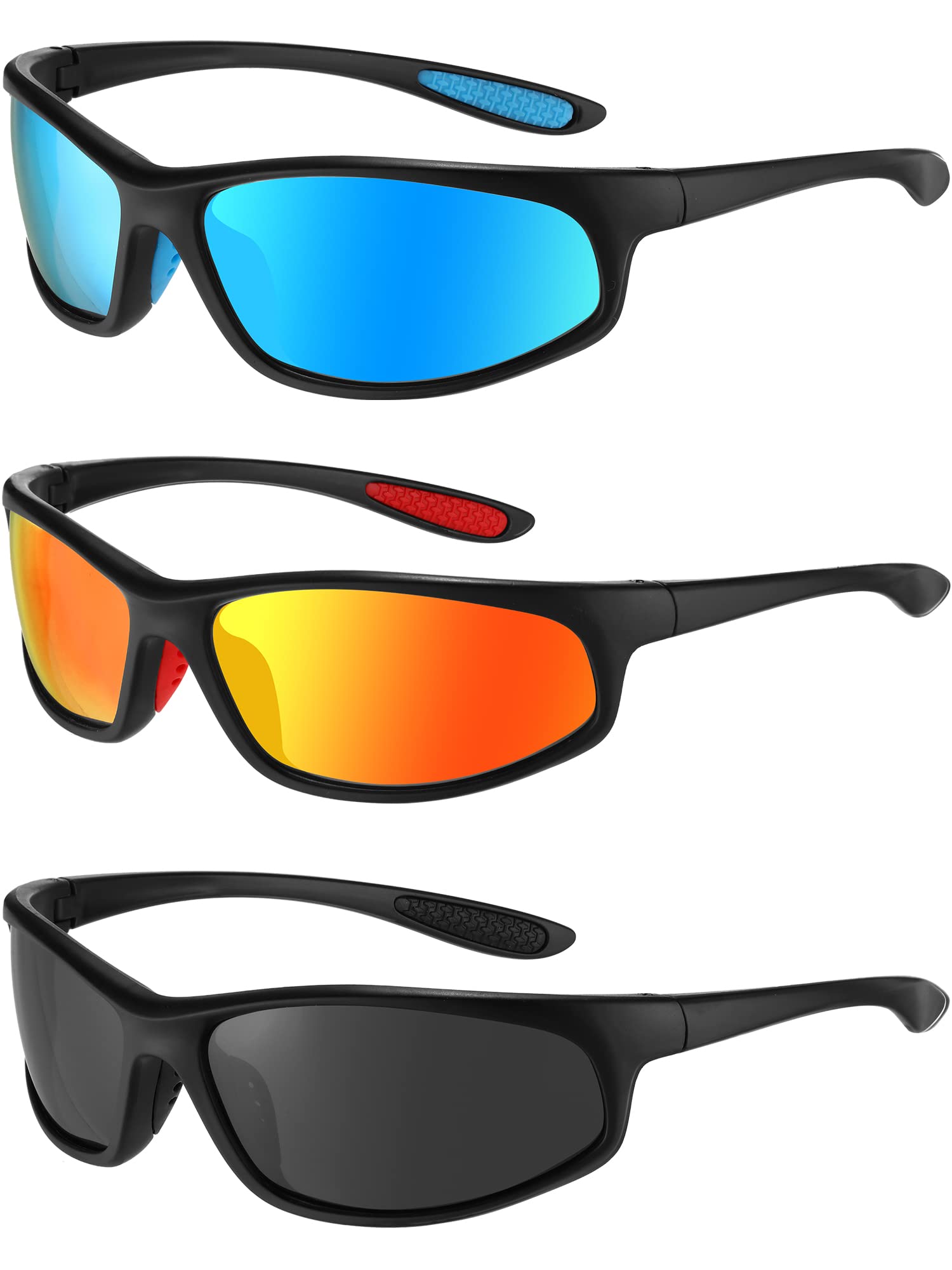 Treela 3 Pairs Polarized Sport Sunglasses UV Protection Sports Sun Glasses Driving Cycling Fishing Sunglasses for Men (Red, Blue, Black)