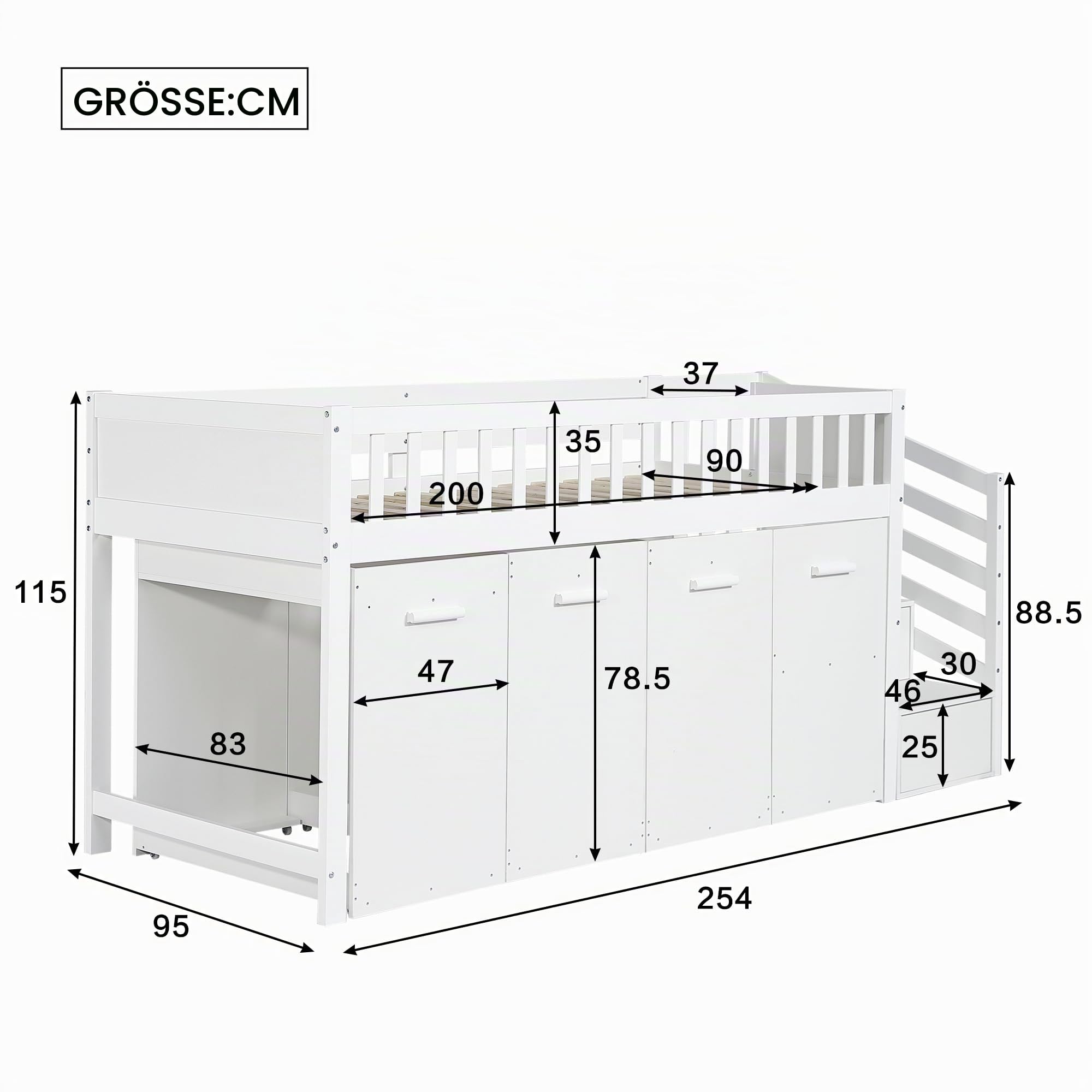 90x200cm, Weiß,Etagenbett, Multifunktionsbett, Hochbett mit Schreibtisch und Schrank, Ausziehbarer Schreibtisch Kinderhochbett, Bett mit Schreibtisch, Kinder Bett