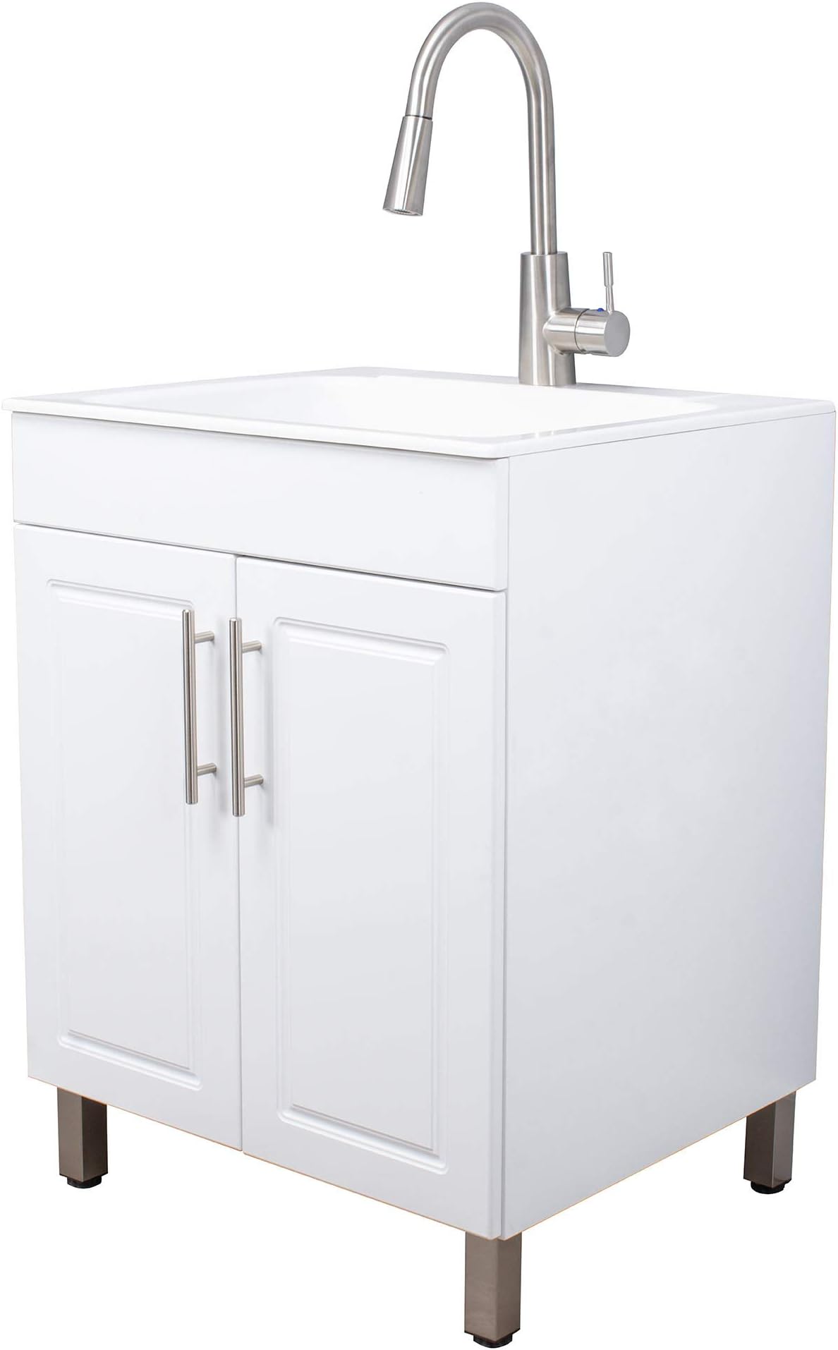 White Vanity Cabinet Sink by JS Jackson Supplies with Stainless Steel Faucet and Pulls, 33 Inches Tall, Slow Close Doors, Perfect for Laundry Rooms, Garages, and Basements, Quality Construction