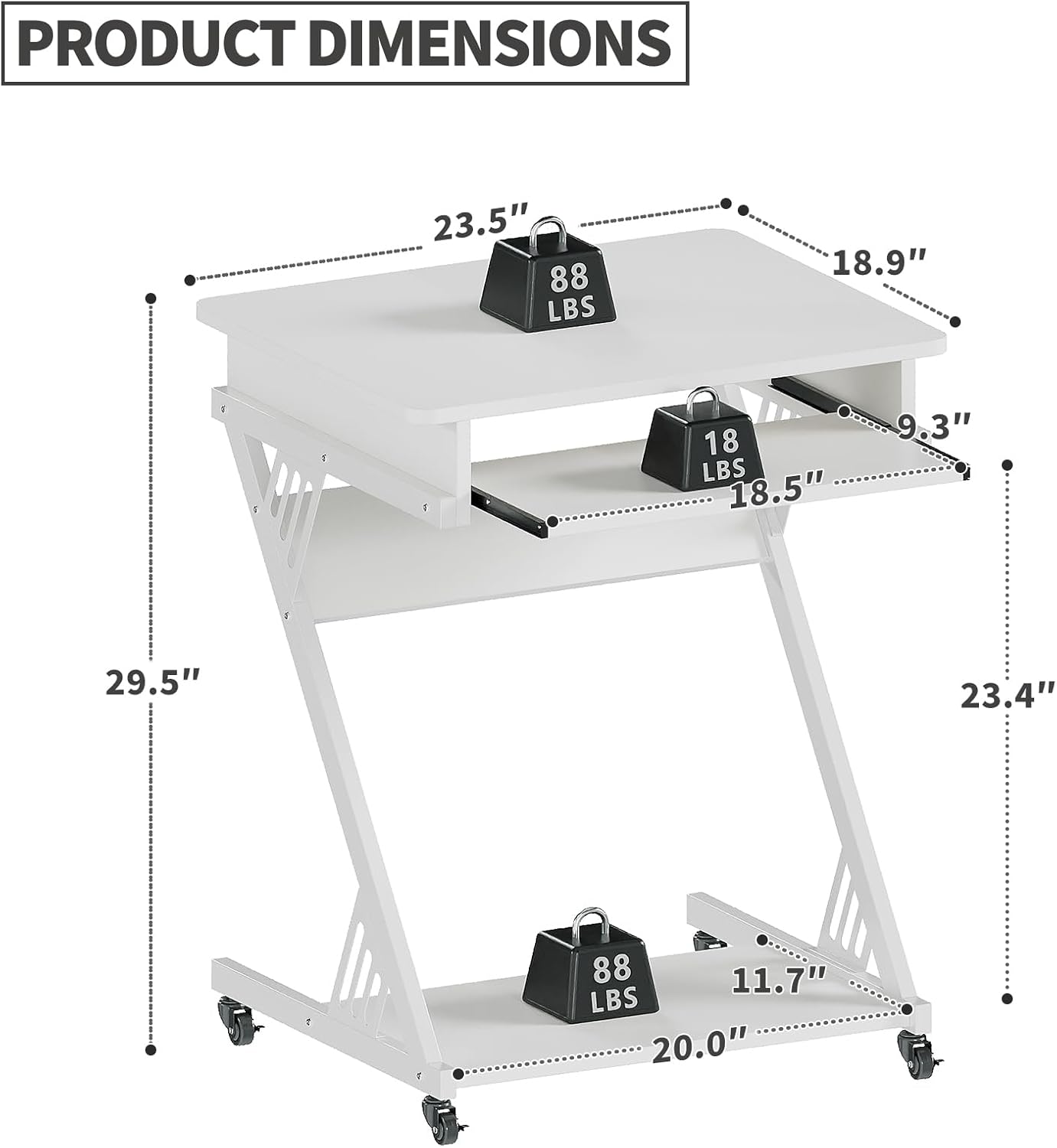 ALISENED 2 Tier Computer Desk with Keyboard Tray, 23.6" Home Office Desk Computer Workstation Rolling Study PC Laptop Table for Small Spaces,Z-Shaped Small Compact Study Table,White