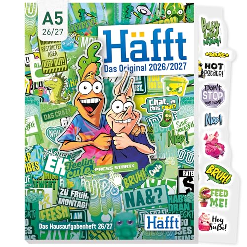 Häfft Original Hausaufgabenheft 2026 2027 A5 - der ultimative Schülerkalender mit Facts & Fun - Schülerplaner Schulplaner Stickermania