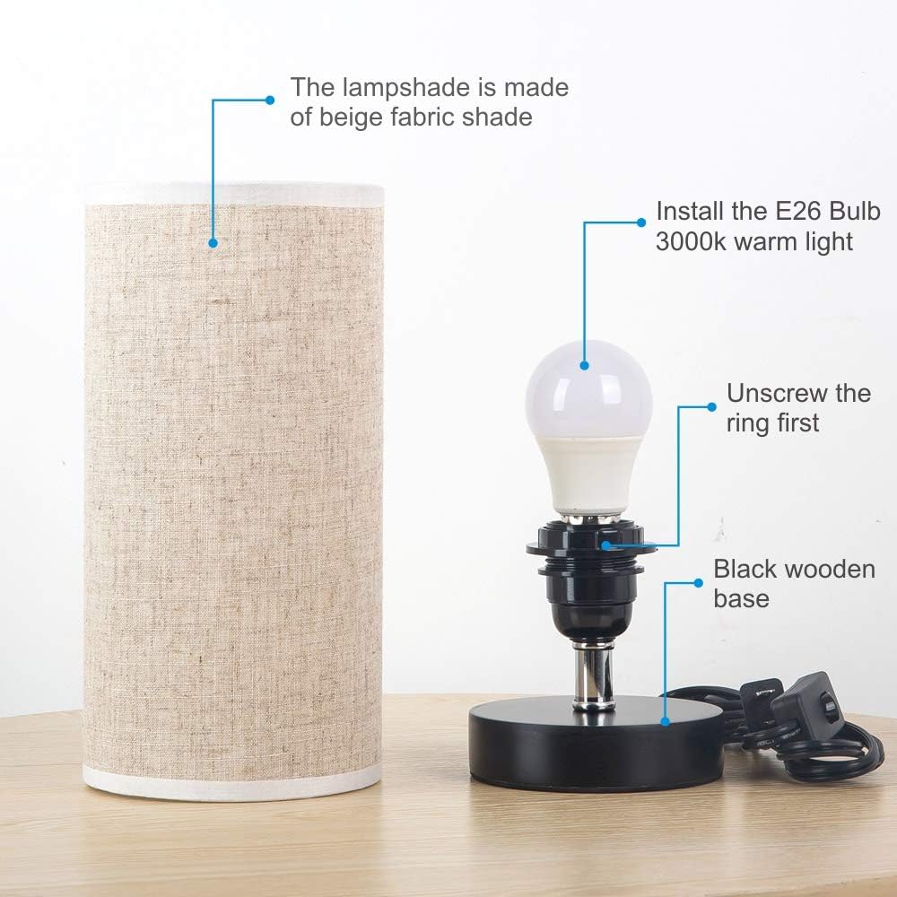 ZEEFO Bedside Table Lamp, Modern Simple Design Desk Lamp with Cylinder Fabric Shade and Black Base, Included 2 Led Bulbs, Perfect for Home, Bedroom, Living Room, Office, Sturdy (Set of 2)